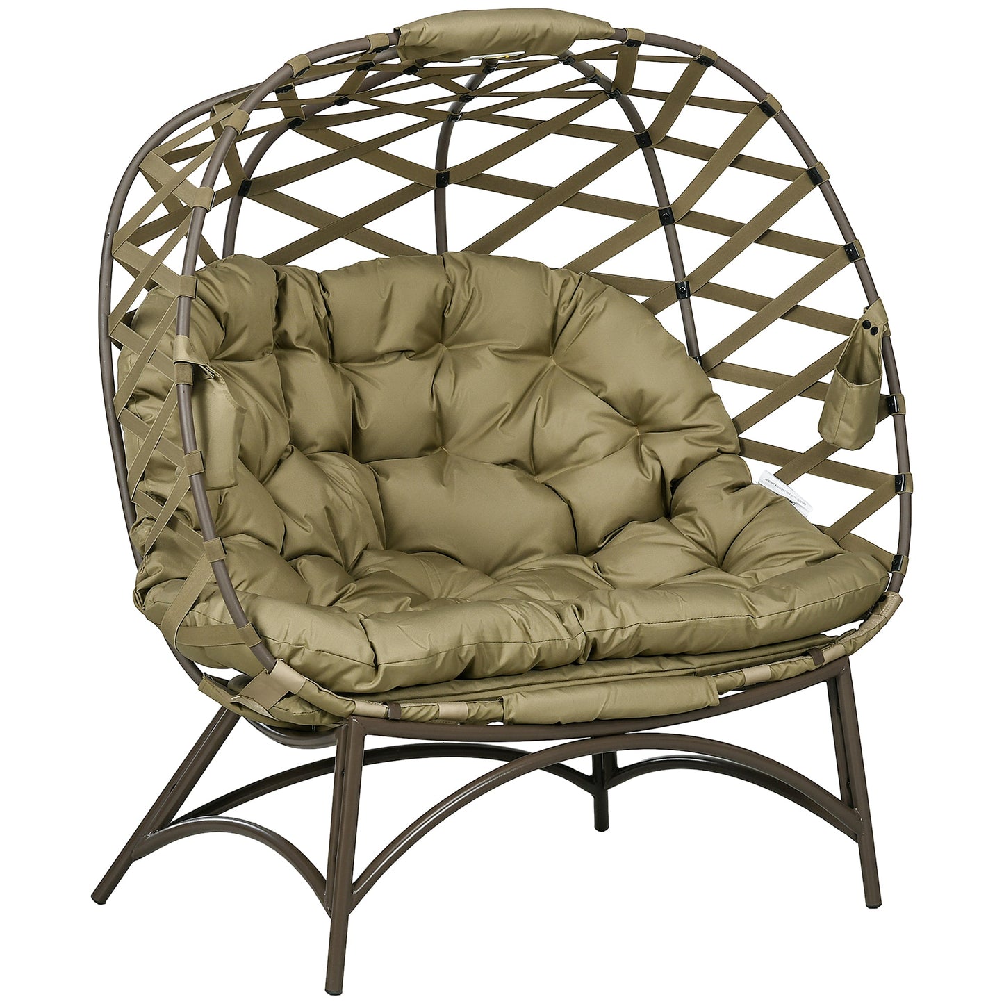 Egg Chair Outdoor, 2 Seater Folding Weave Garden Furniture Chair with Cushion, Cup Pockets for Patio Balcony - Khaki