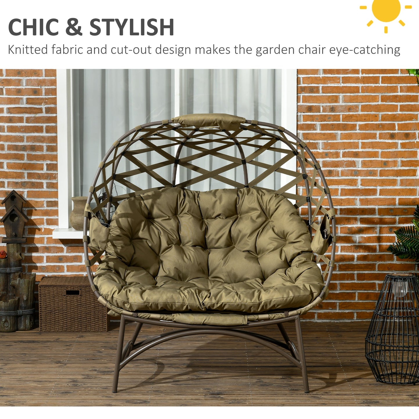 Egg Chair Outdoor, 2 Seater Folding Weave Garden Furniture Chair with Cushion, Cup Pockets for Patio Balcony - Khaki