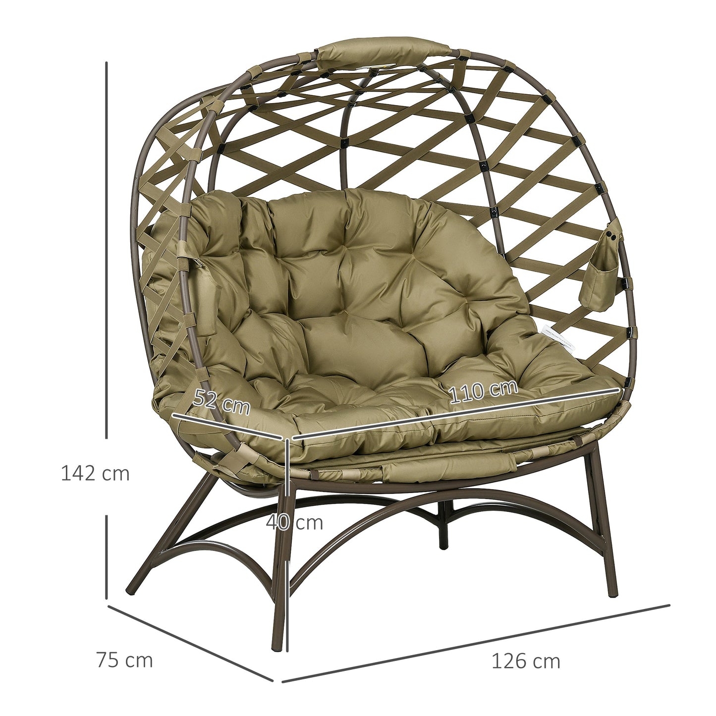 Egg Chair Outdoor, 2 Seater Folding Weave Garden Furniture Chair with Cushion, Cup Pockets for Patio Balcony - Khaki