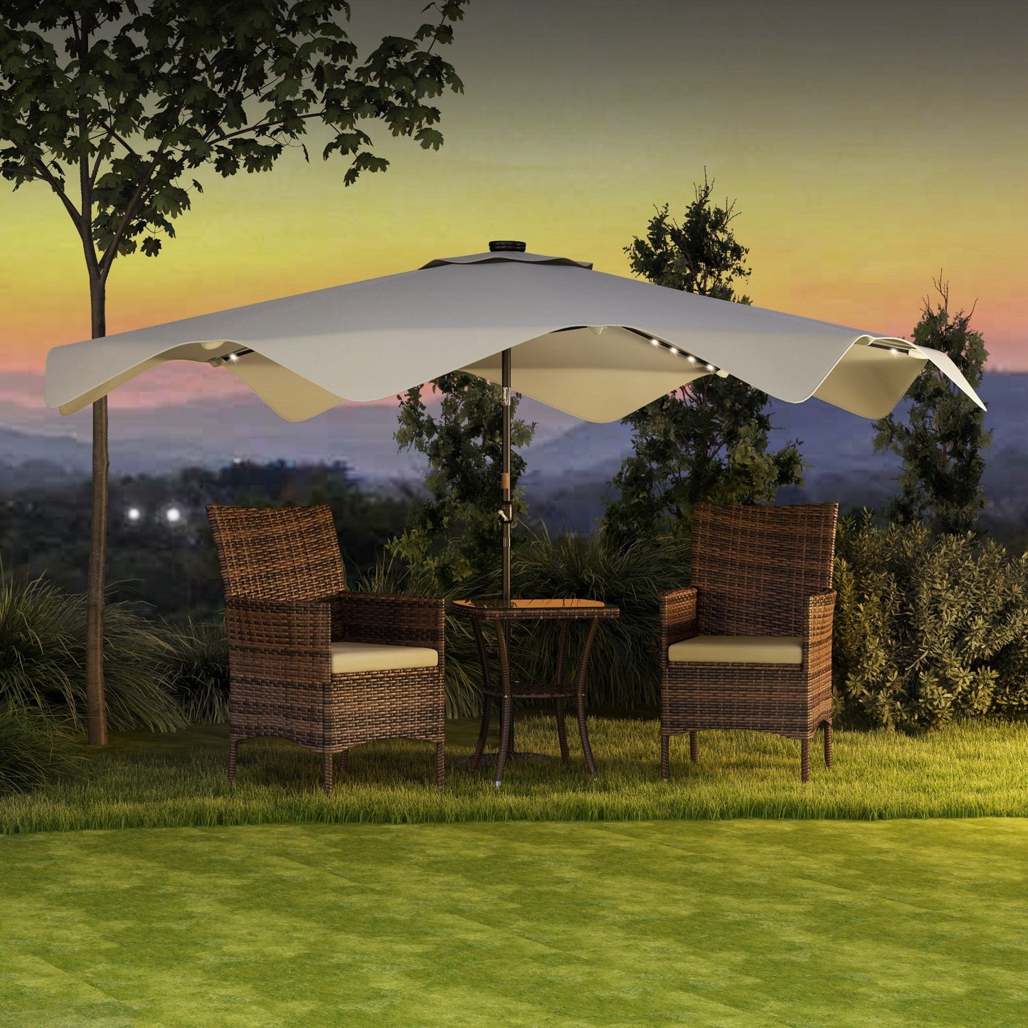 3(m) Garden Parasol Umbrella with 32 Solar LED Lights and Tilt, Outdoor Market Table Umbrella Sun Shade Canopy with Crank, 8 Ribs, Cream White