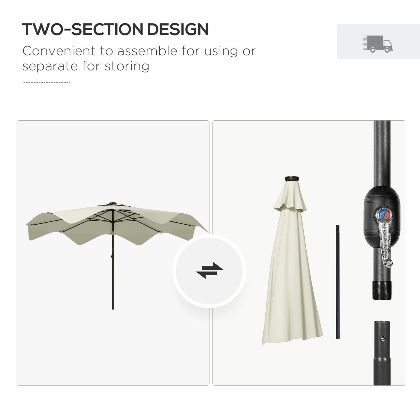 3(m) Garden Parasol Umbrella with 32 Solar LED Lights and Tilt, Outdoor Market Table Umbrella Sun Shade Canopy with Crank, 8 Ribs, Cream White
