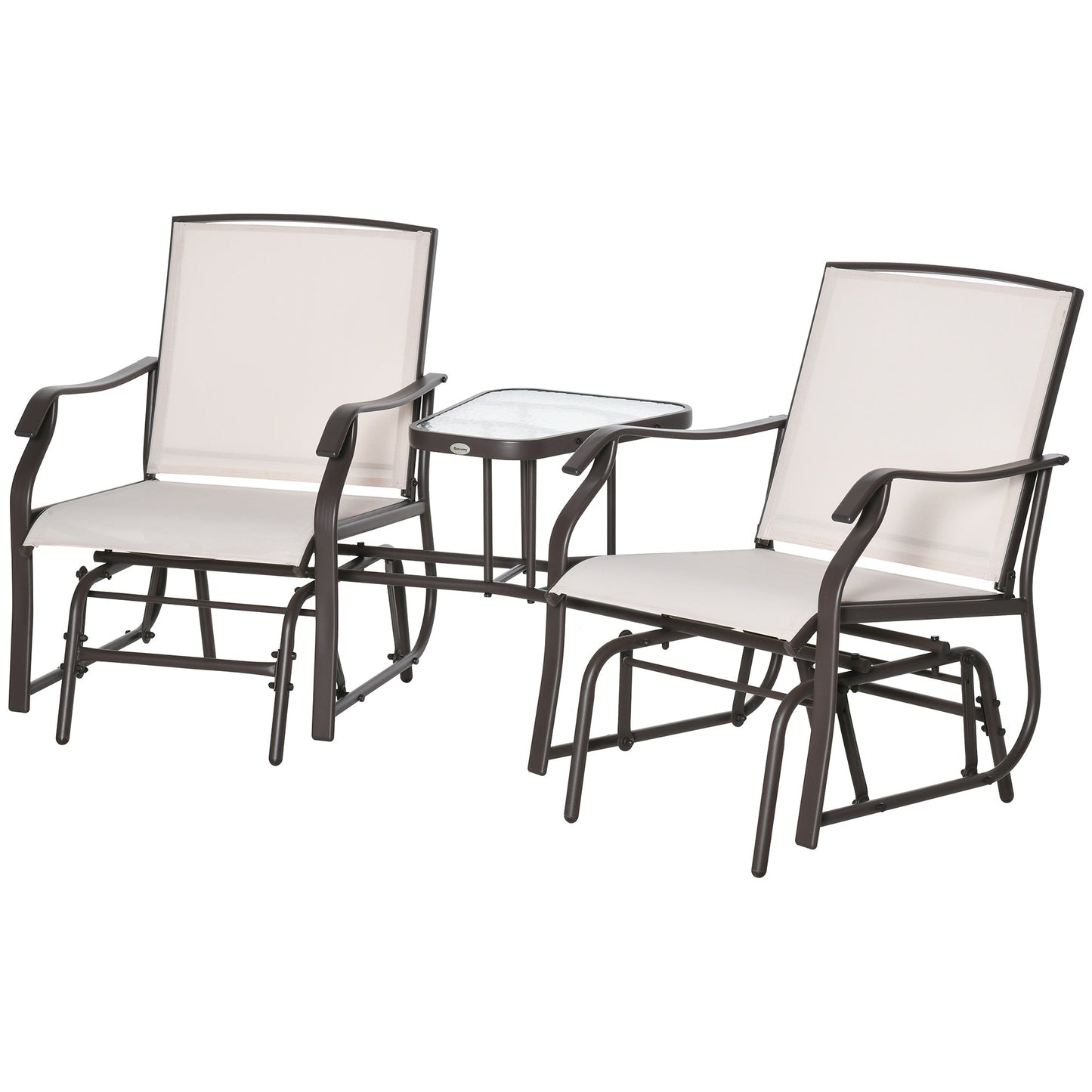 Outdoor Double Glider Rocking Chairs with Glass Top Middle Table, Metal Gliding Love Seat Conversation Furniture with Breathable Mesh Fabric Seat, for Garden, Patio, Brown
