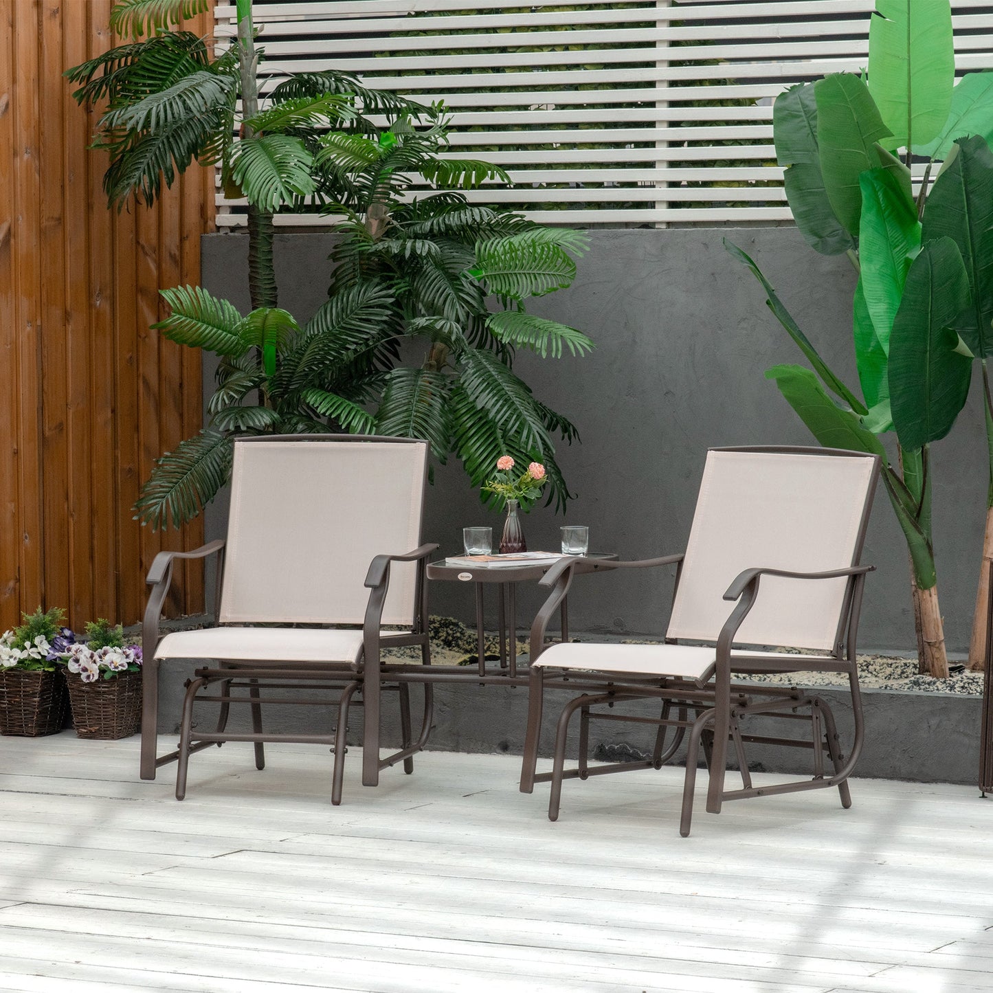 Outdoor Double Glider Rocking Chairs with Glass Top Middle Table, Metal Gliding Love Seat Conversation Furniture with Breathable Mesh Fabric Seat, for Garden, Patio, Brown