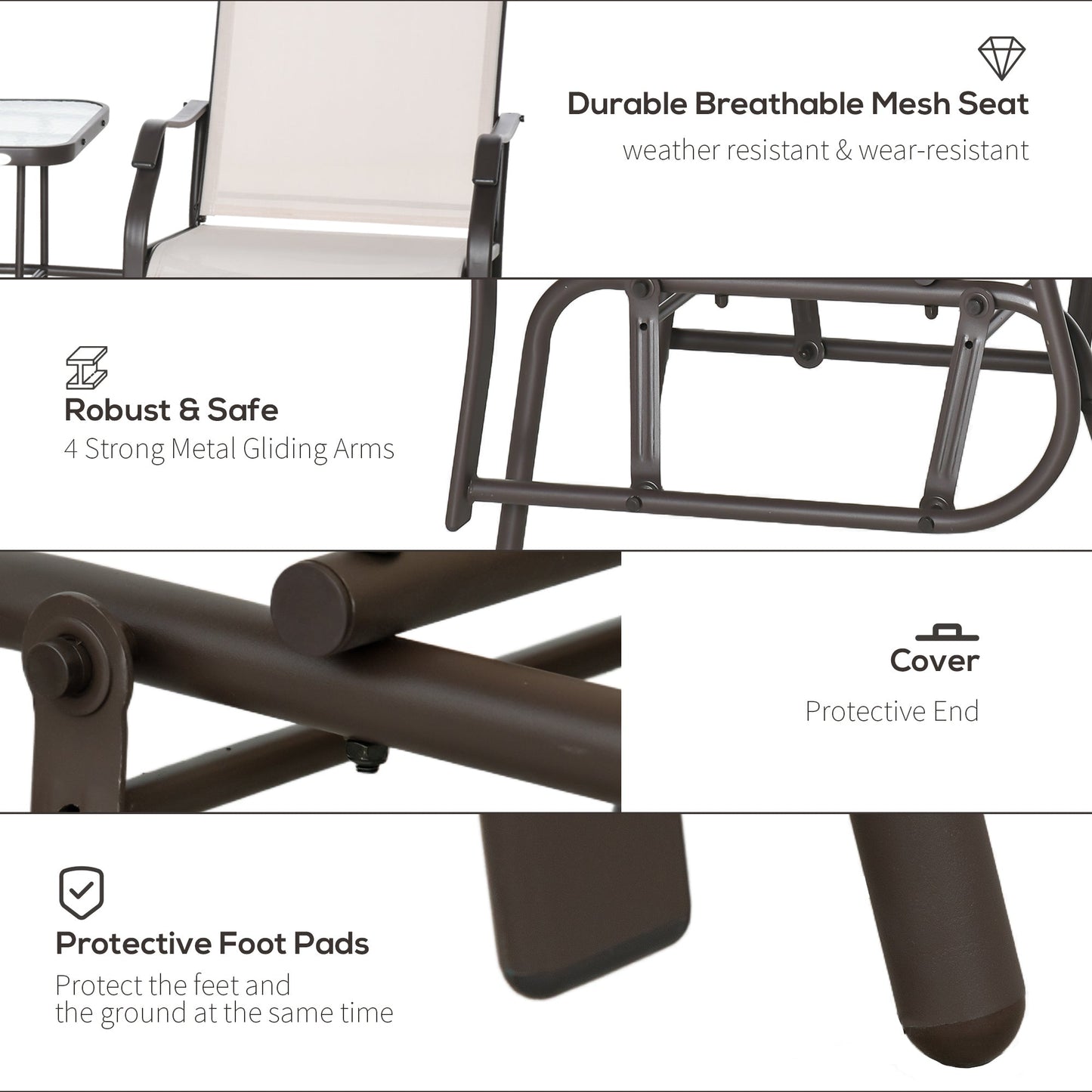 Outdoor Double Glider Rocking Chairs with Glass Top Middle Table, Metal Gliding Love Seat Conversation Furniture with Breathable Mesh Fabric Seat, for Garden, Patio, Brown