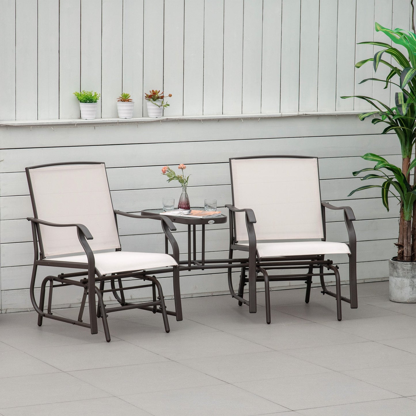 Outdoor Double Glider Rocking Chairs with Glass Top Middle Table, Metal Gliding Love Seat Conversation Furniture with Breathable Mesh Fabric Seat, for Garden, Patio, Brown