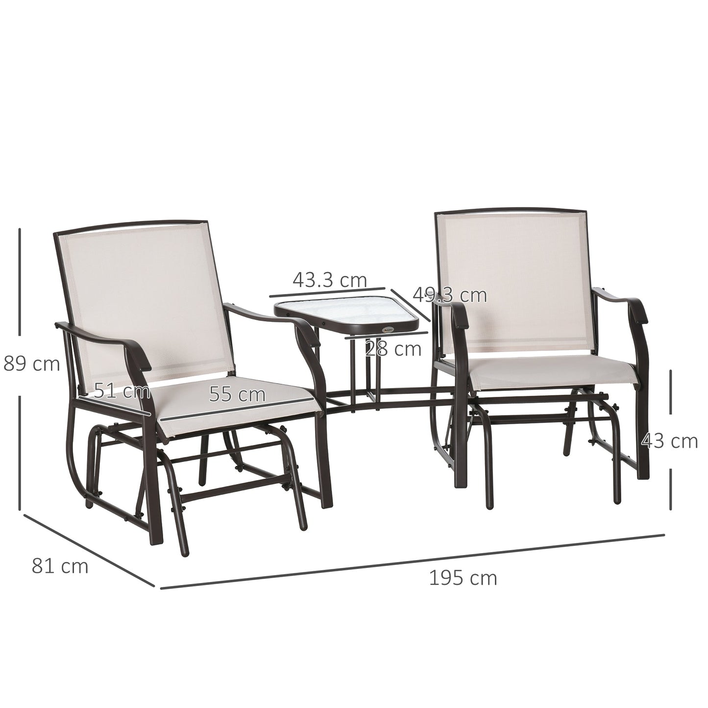 Outdoor Double Glider Rocking Chairs with Glass Top Middle Table, Metal Gliding Love Seat Conversation Furniture with Breathable Mesh Fabric Seat, for Garden, Patio, Brown