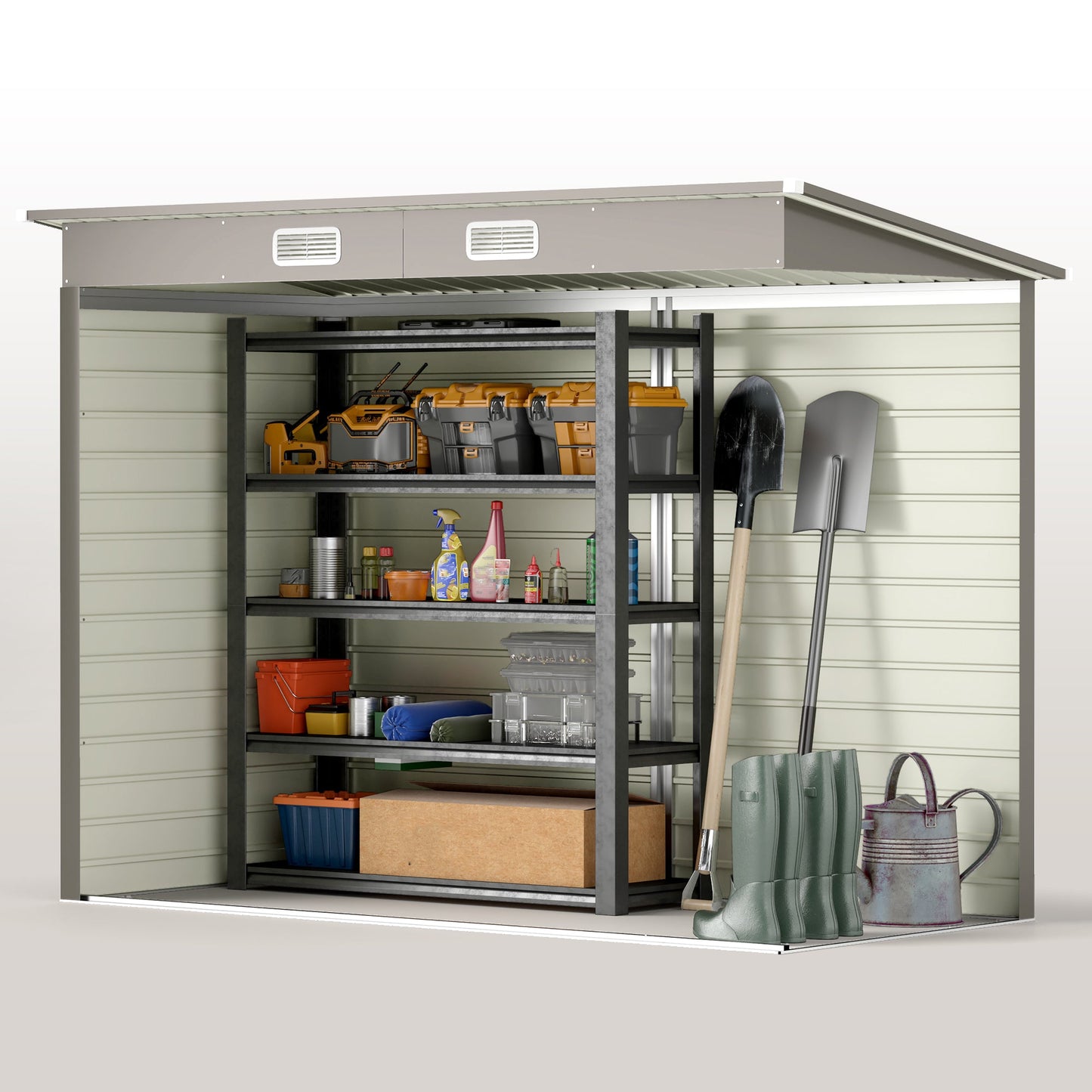 8 x 4FT Garden Shed. Galvanised Metal Shed, Outdoor Tool Storage Shed with Pent Roof, Lockable Door and 2 Vents, Light Grey
