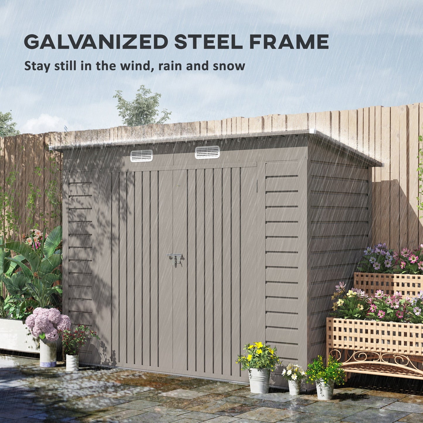 8 x 4FT Garden Shed. Galvanised Metal Shed, Outdoor Tool Storage Shed with Pent Roof, Lockable Door and 2 Vents, Light Grey