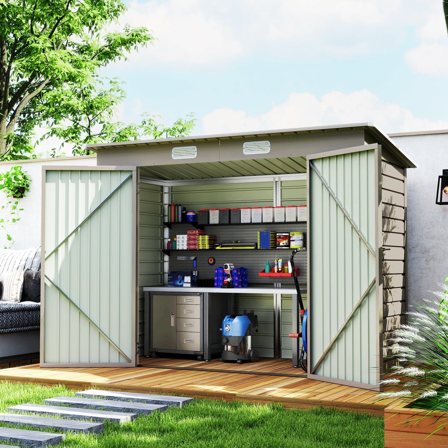 8 x 4FT Garden Shed. Galvanised Metal Shed, Outdoor Tool Storage Shed with Pent Roof, Lockable Door and 2 Vents, Light Grey