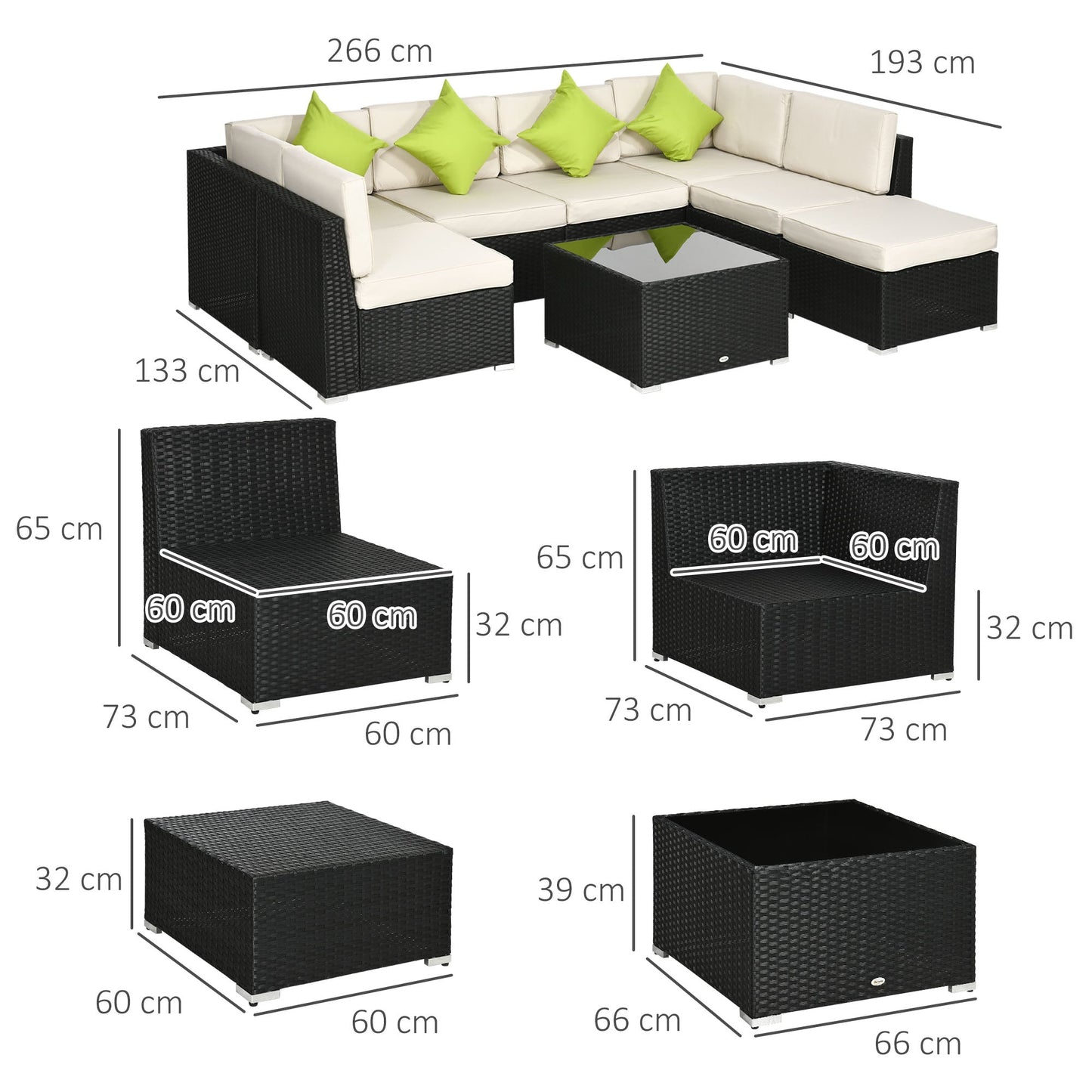 8 Pieces PE Rattan Corner Sofa Set, Outdoor Garden Furniture Set, Patio Wicker Sofa Seater w/ Cushion, Washable Cushion Cover & Tempered Glass Table, Black