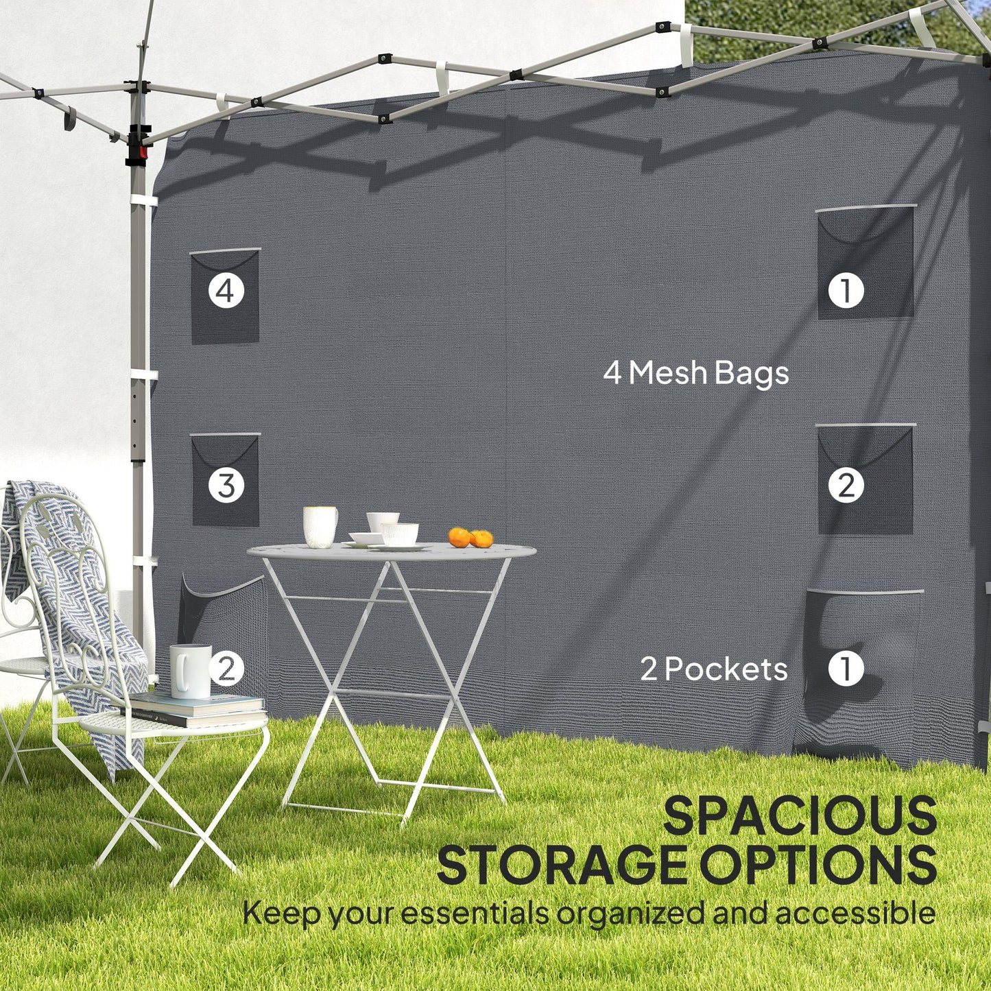 Gazebo Side Panel, Canopy Sidewall Panel with 4 Mesh Bags and 2 Storage Pockets for 3 x 3 m Straight Leg Pop Up Gazebos, 1 Pack Sidewall Only, Grey