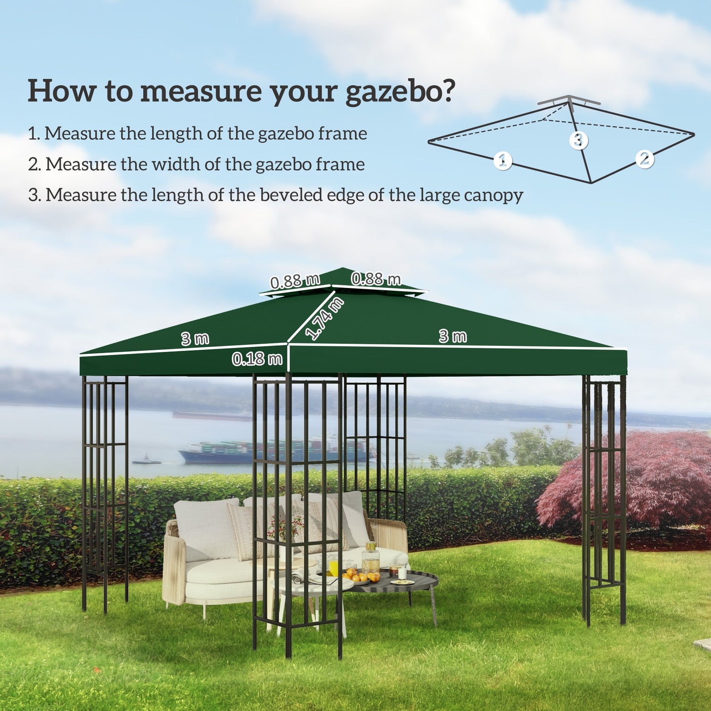 3 x 3(m) Gazebo Canopy Roof Top Replacement Cover Spare Part Dark Green (TOP COVER ONLY)