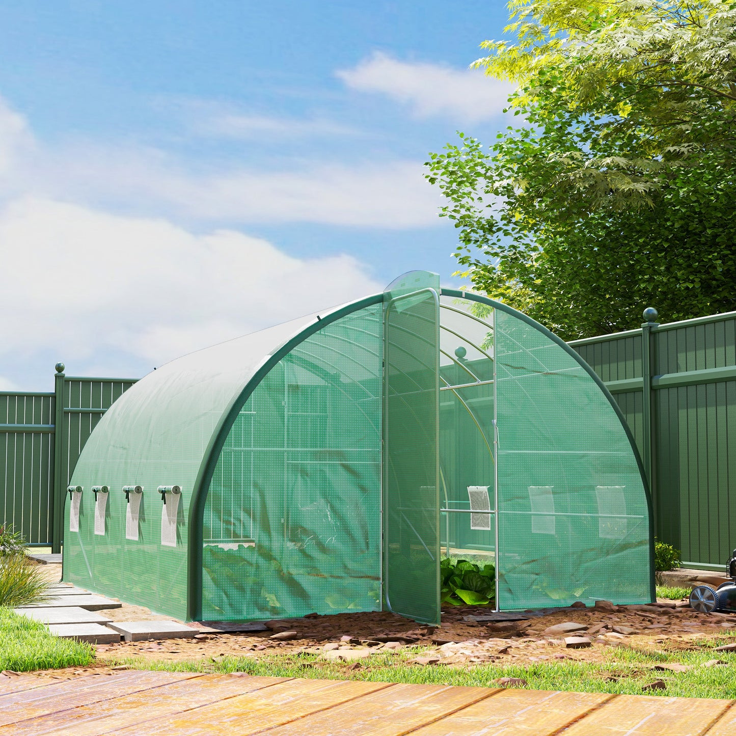 4 x 3(m) Walk-in Polytunnel Greenhouse with Upgraded Structure, 2 Hinged Doors, 8 Mesh Windows, Tunnel Warm House Tent with UV-resistant PE Cover, Green