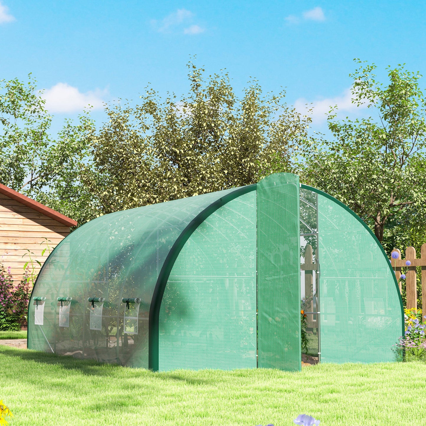 4 x 3(m) Walk-in Polytunnel Greenhouse with Upgraded Structure, 2 Hinged Doors, 8 Mesh Windows, Tunnel Warm House Tent with UV-resistant PE Cover, Green