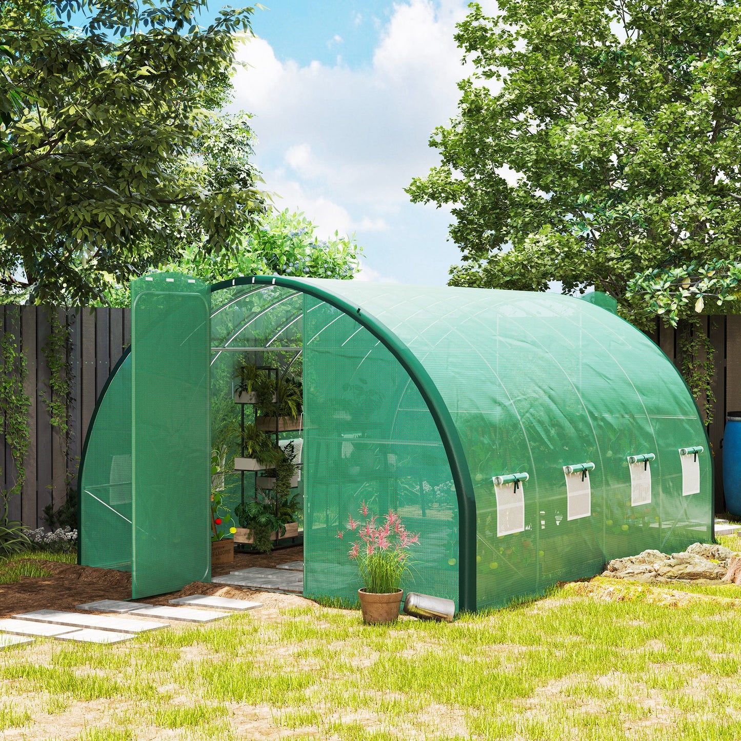 4 x 3(m) Walk-in Polytunnel Greenhouse with Upgraded Structure, 2 Hinged Doors, 8 Mesh Windows, Tunnel Warm House Tent with UV-resistant PE Cover, Green
