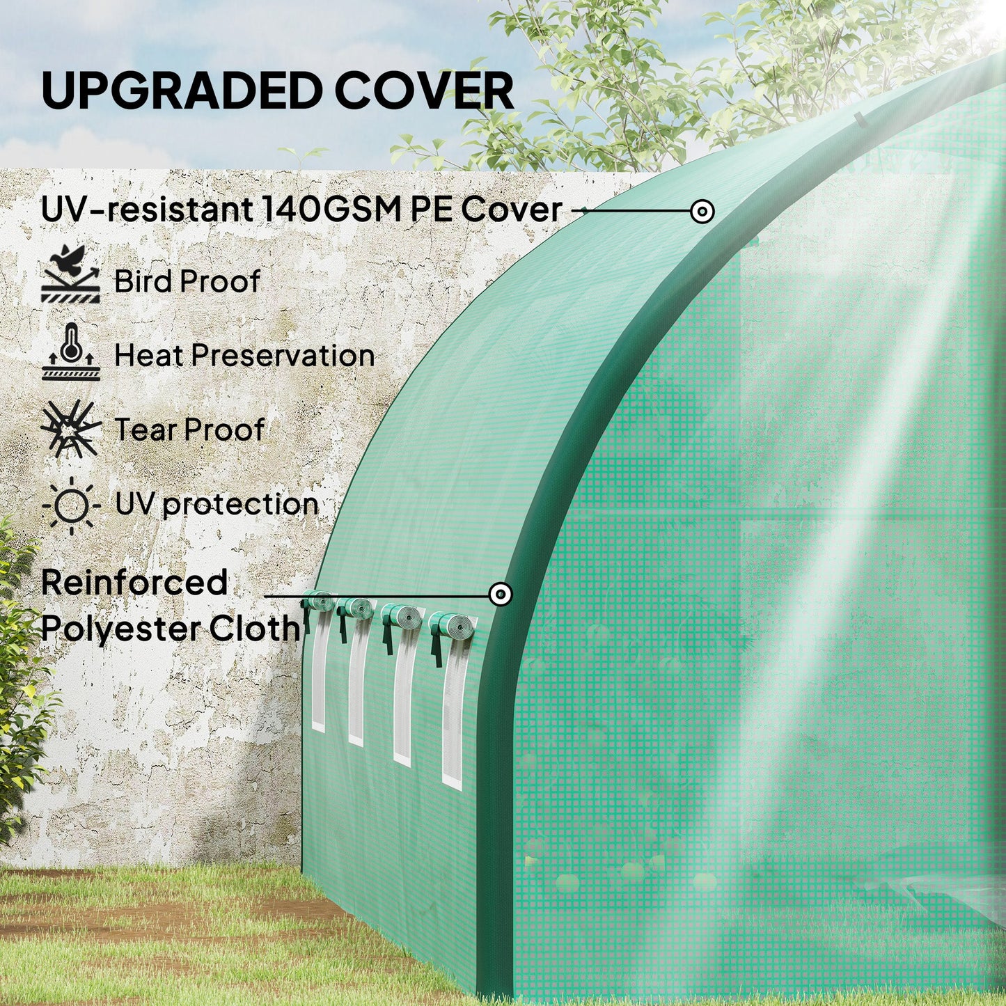 4 x 3(m) Walk-in Polytunnel Greenhouse with Upgraded Structure, 2 Hinged Doors, 8 Mesh Windows, Tunnel Warm House Tent with UV-resistant PE Cover, Green