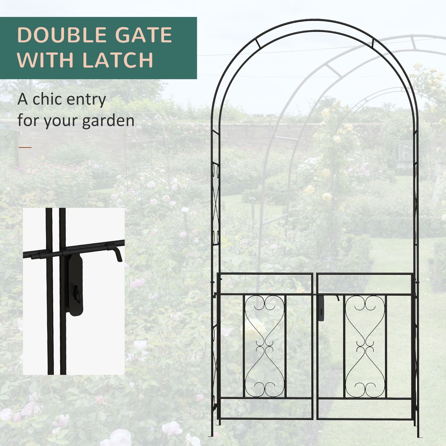 Outdoor Garden Arch with Double Gates, Metal Garden Arbor for Climbing Plants, Roses, Vines, Wedding Arch for Outdoor, 114L x 36W x 232H cm, Black