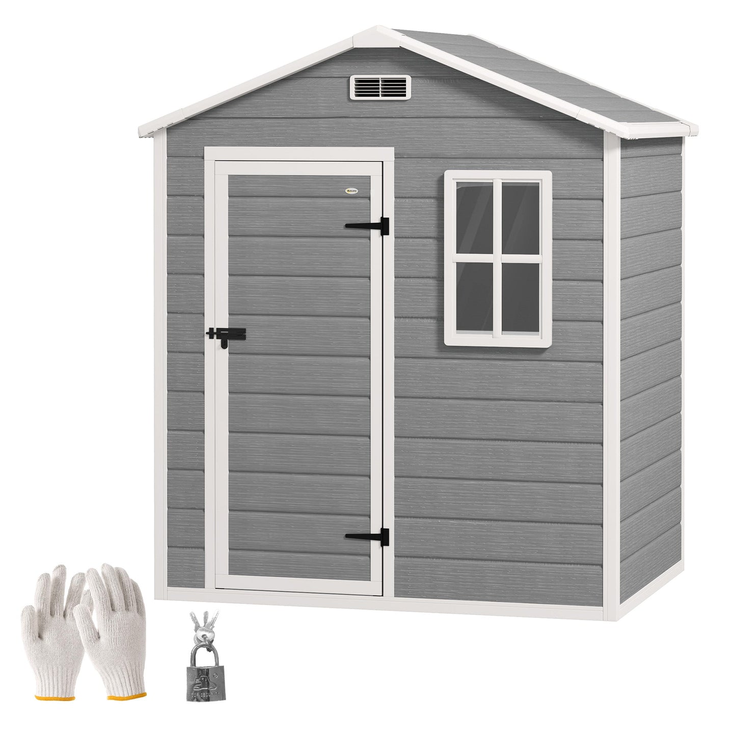 6 x 4ft Garden Shed, Plastic Shed with Floor, Window, Lockable Door and Vents, Wood Effect Resin Tool Shed for Outdoor, Grey