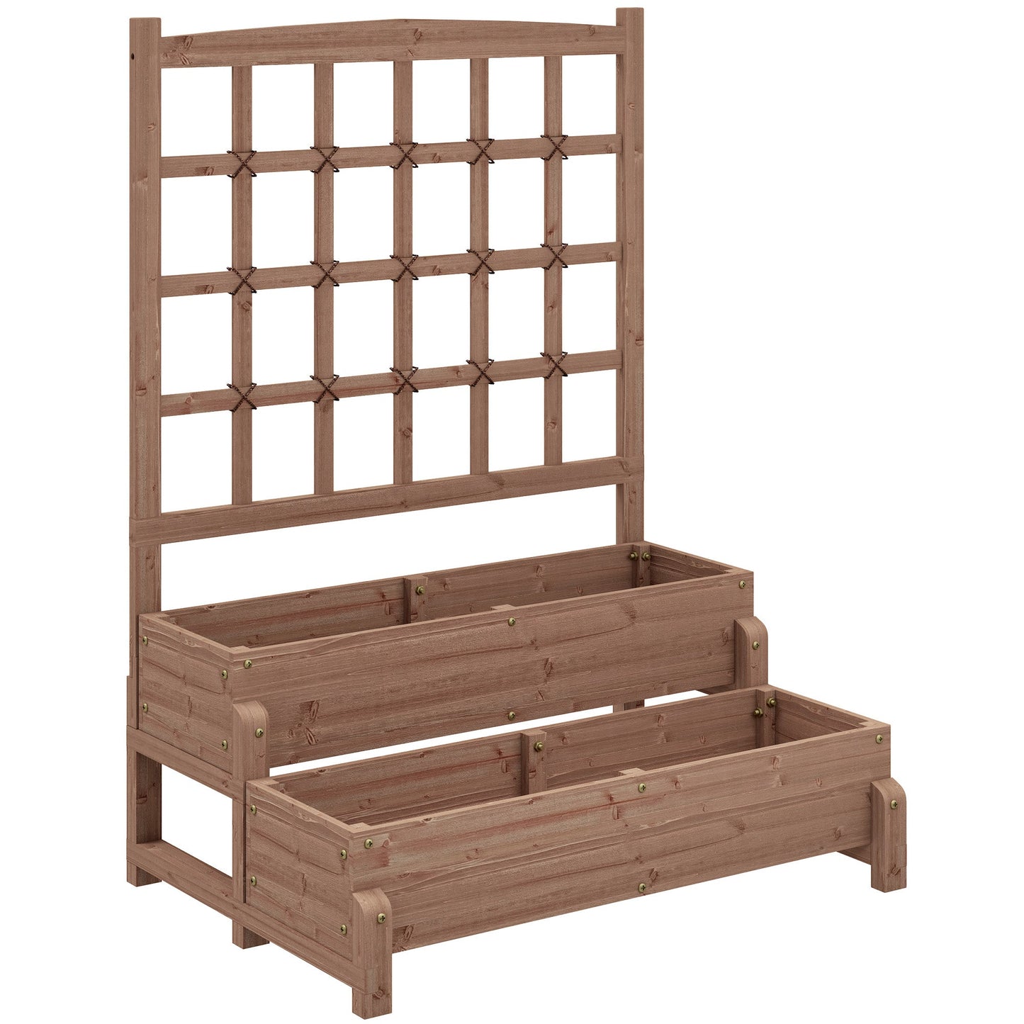 2-Tier Raised Garden Bed with Trellis, Wooden Elevated Planter Box with Drainage Holes, Outdoor Raised Planter for Climbing Plants, Fruits, Vegetables, Flowers, Brown