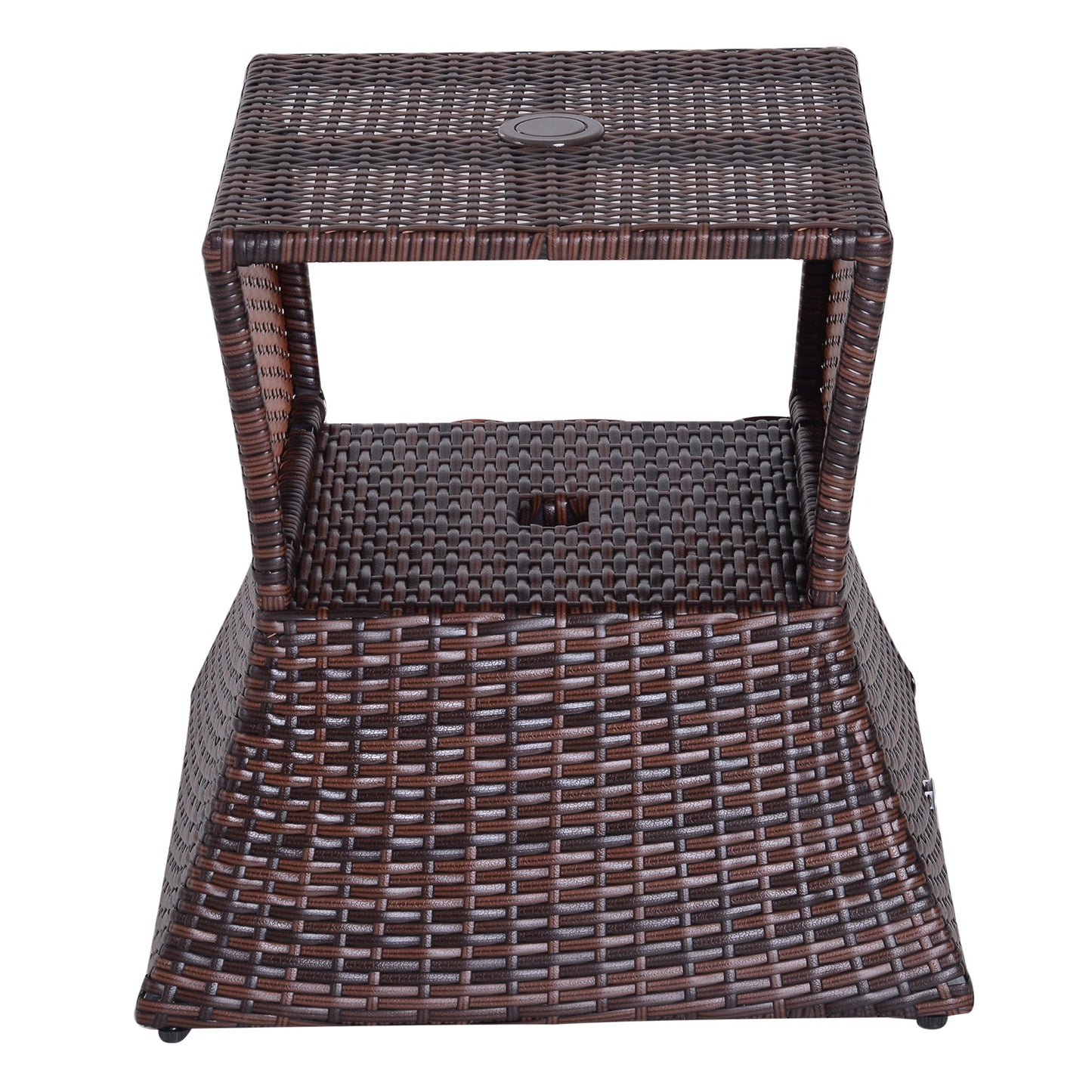 Rattan Outdoor Coffee Table, Wicker Garden Patio Bistro Side Table with Umbrella Hole and Storage Space for Balcony, Porch, Brown