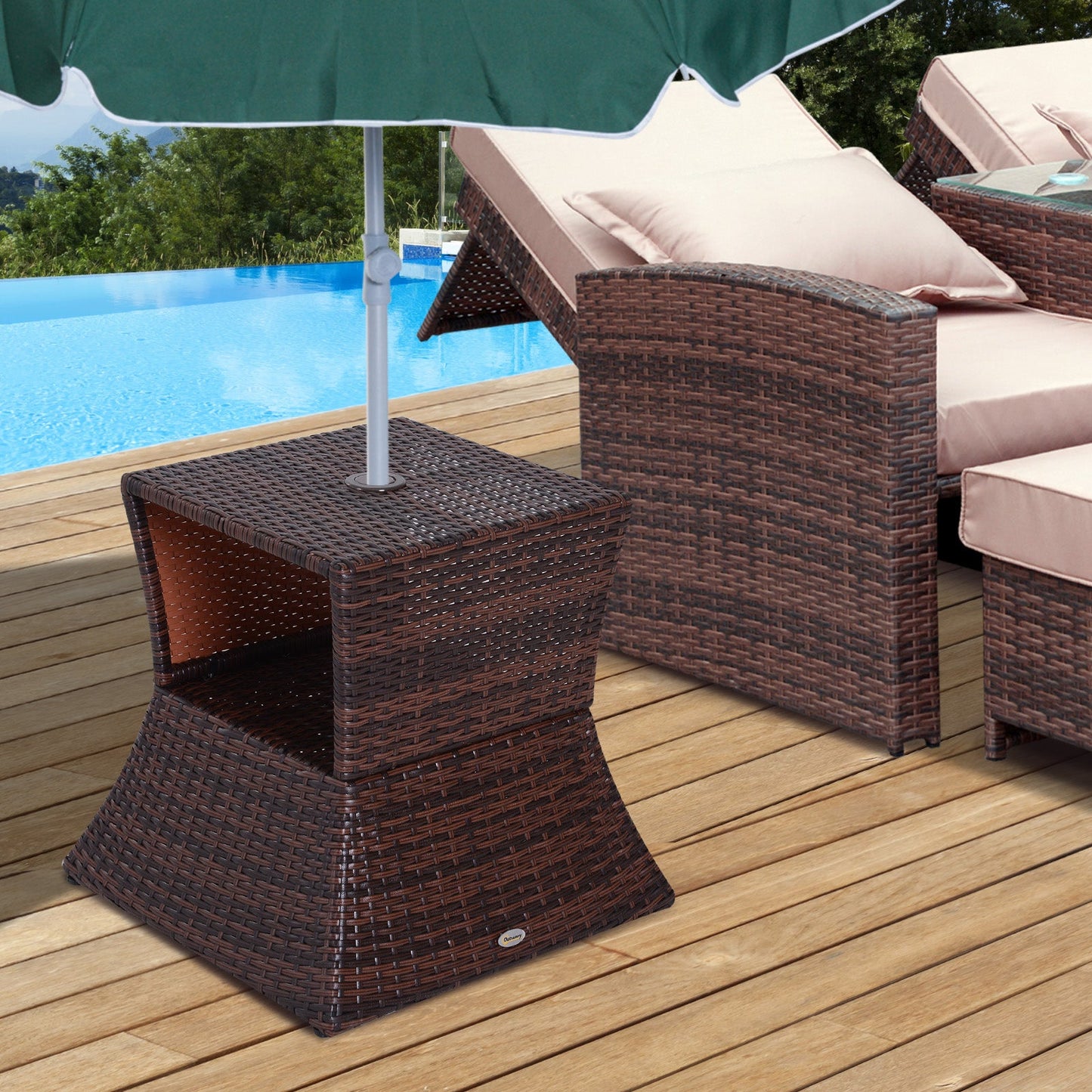 Rattan Outdoor Coffee Table, Wicker Garden Patio Bistro Side Table with Umbrella Hole and Storage Space for Balcony, Porch, Brown