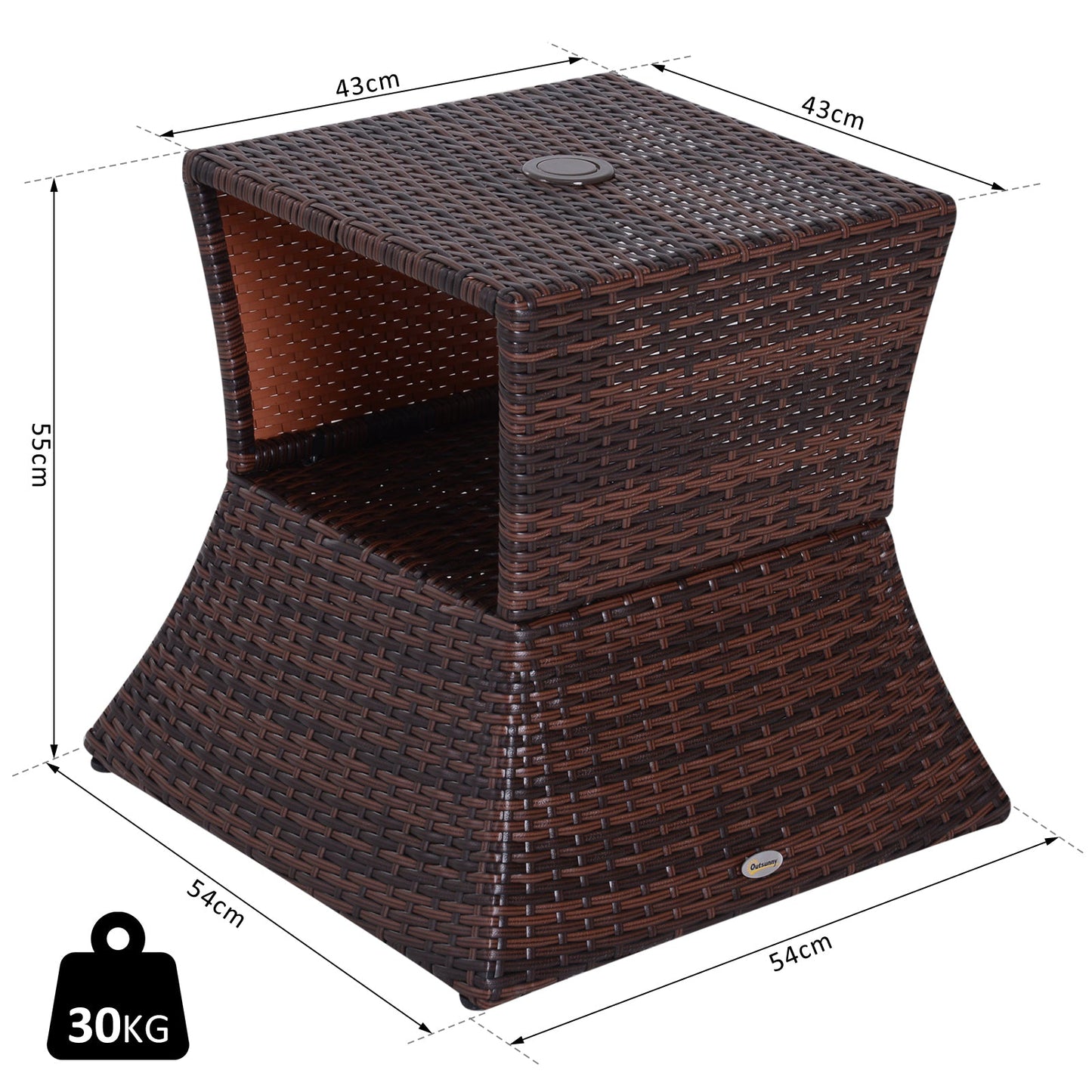 Rattan Outdoor Coffee Table, Wicker Garden Patio Bistro Side Table with Umbrella Hole and Storage Space for Balcony, Porch, Brown