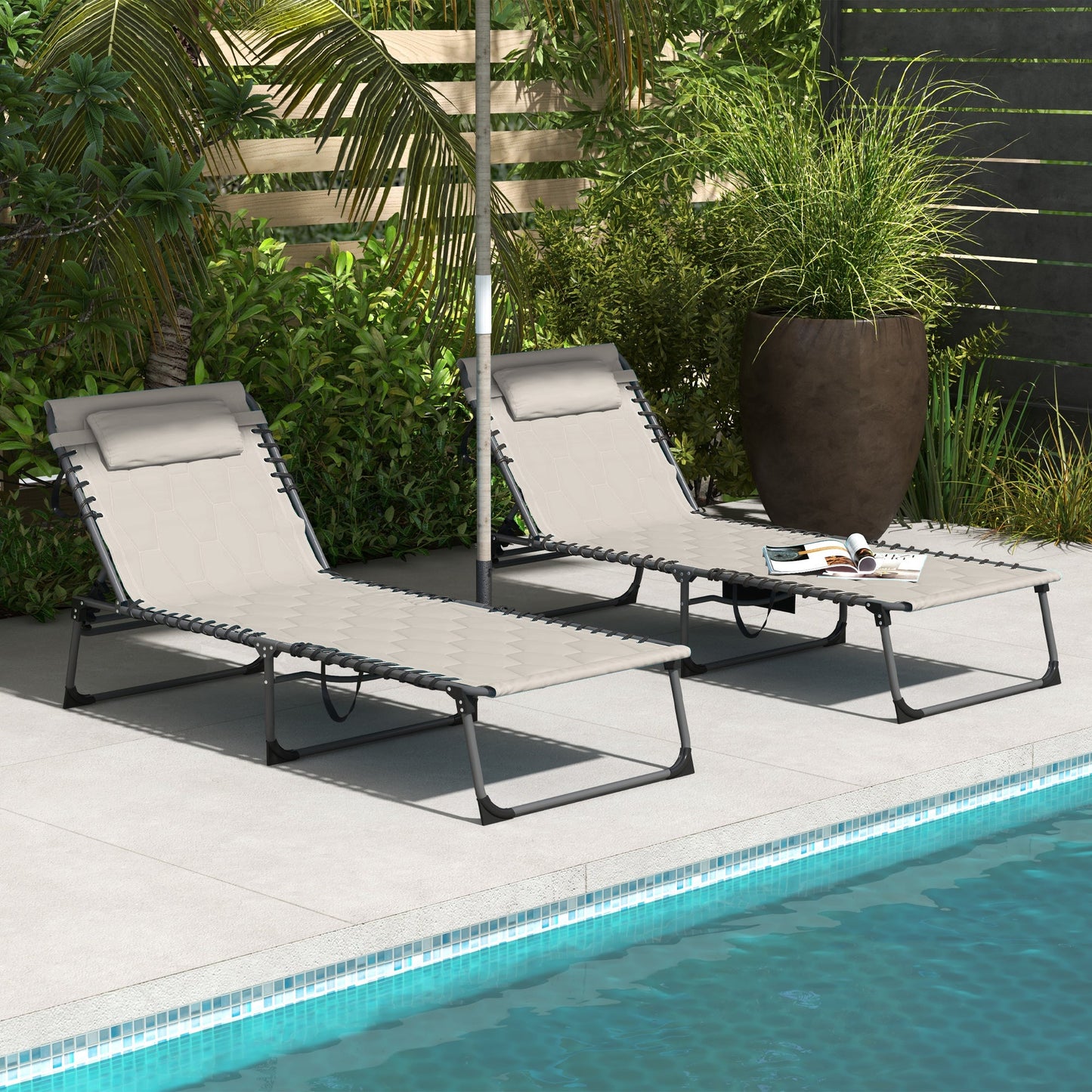 2 Piece Foldable Sun Lounger Set with 5-level Reclining Back, Outdoor Tanning Chairs Sun Loungers with Build-in Padded Seat, Side Pocket, Headrest for Beach, Yard, Patio, Khaki