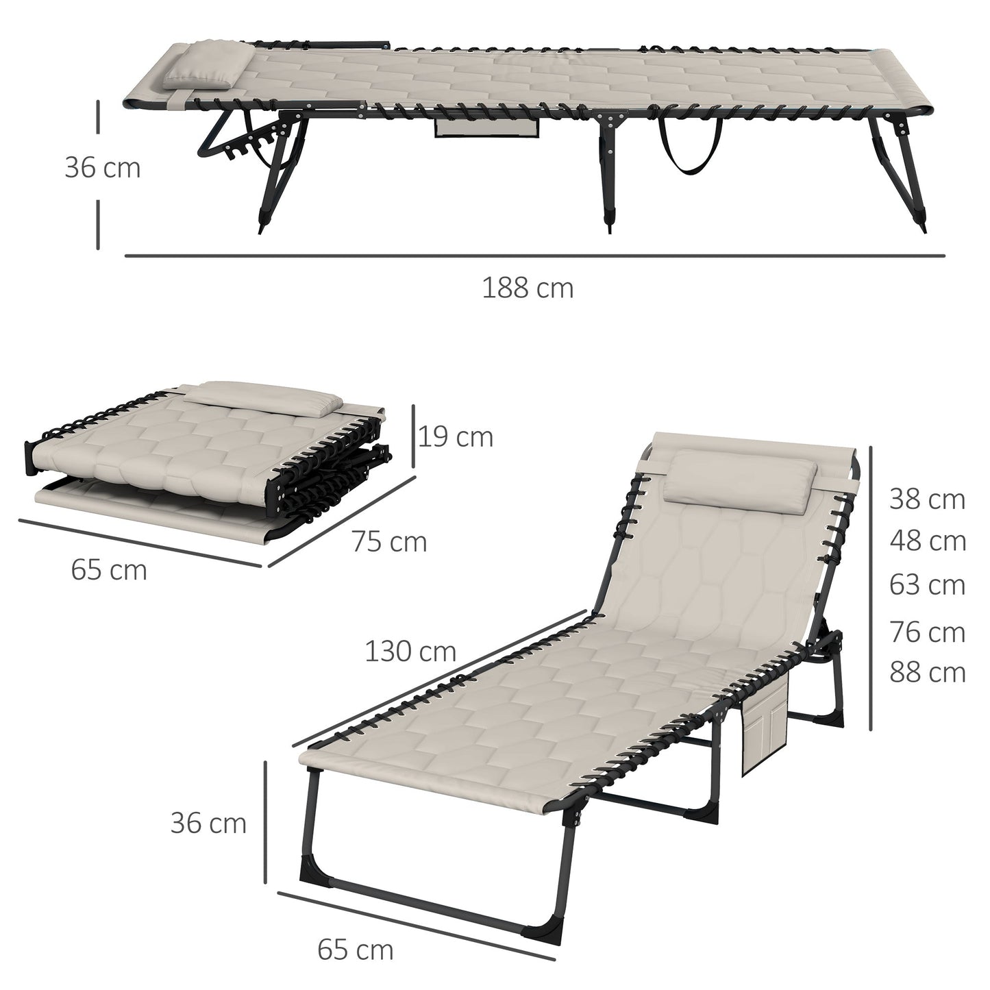 2 Piece Foldable Sun Lounger Set with 5-level Reclining Back, Outdoor Tanning Chairs Sun Loungers with Build-in Padded Seat, Side Pocket, Headrest for Beach, Yard, Patio, Khaki