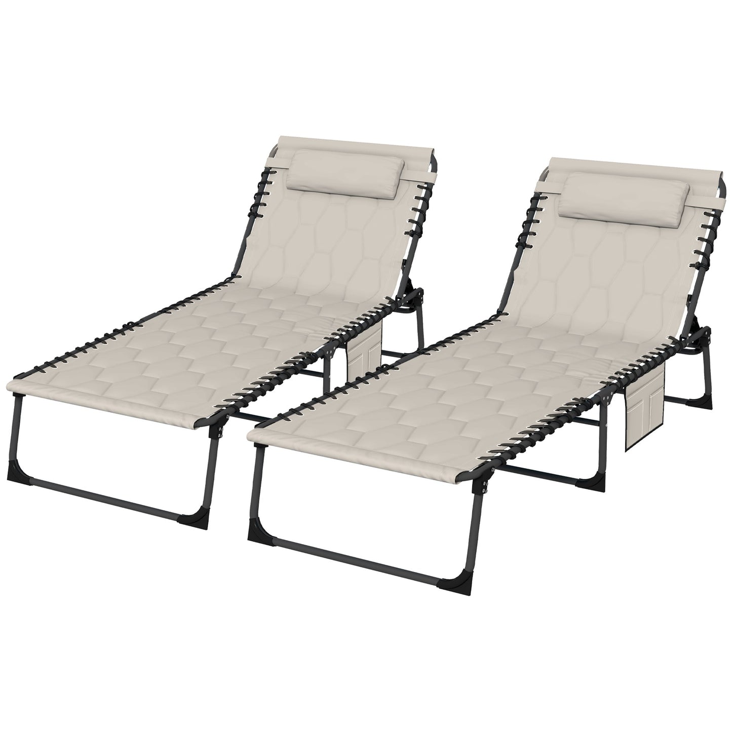 2 Piece Foldable Sun Lounger Set with 5-level Reclining Back, Outdoor Tanning Chairs Sun Loungers with Build-in Padded Seat, Side Pocket, Headrest for Beach, Yard, Patio, Khaki