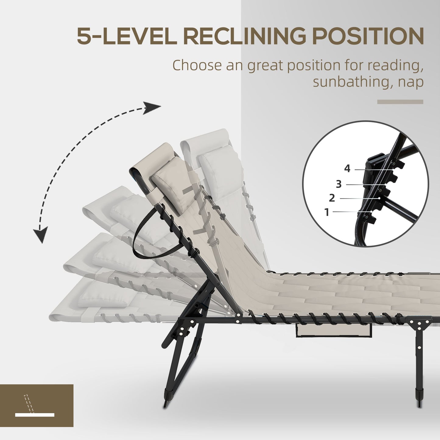 2 Piece Foldable Sun Lounger Set with 5-level Reclining Back, Outdoor Tanning Chairs Sun Loungers with Build-in Padded Seat, Side Pocket, Headrest for Beach, Yard, Patio, Khaki