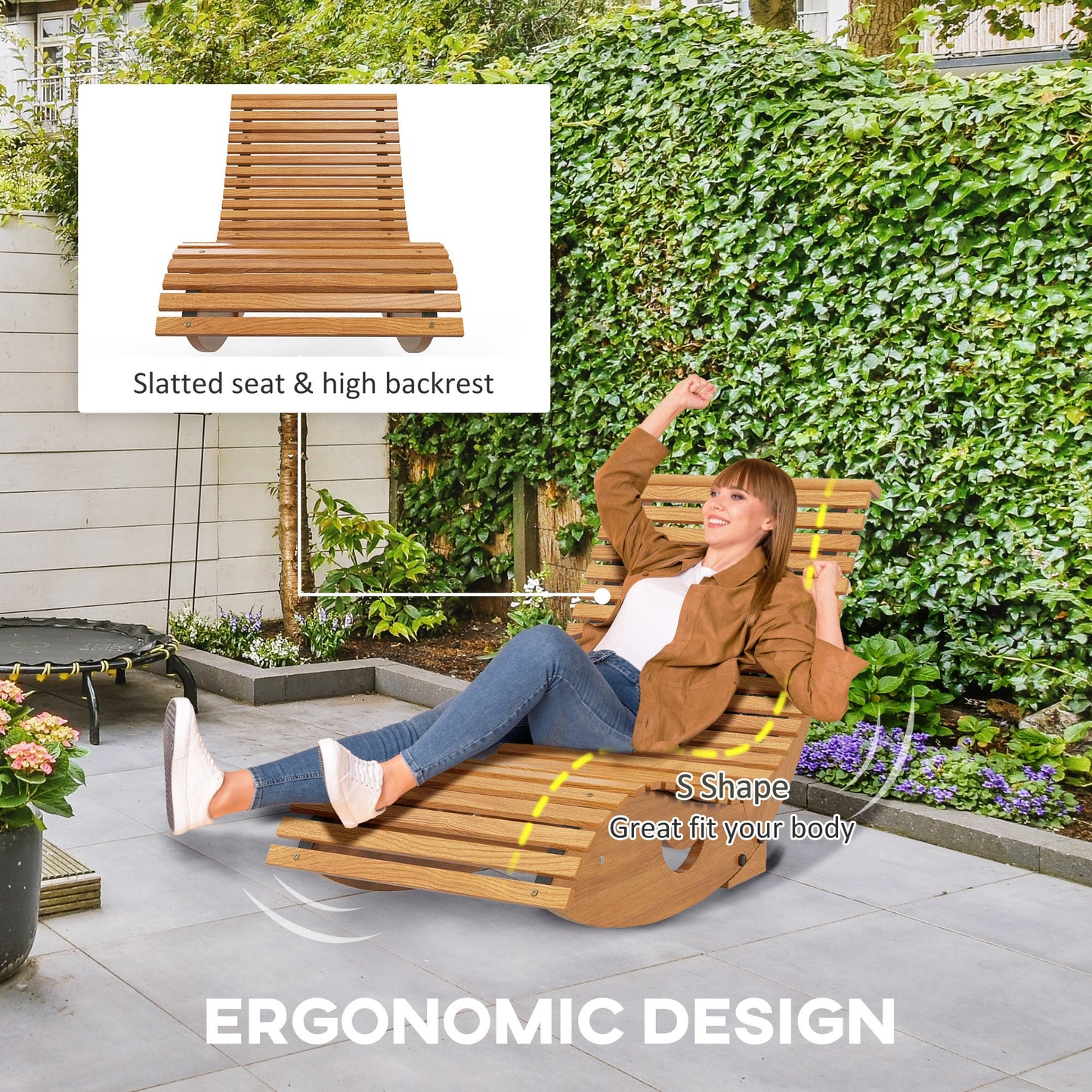 Garden Rocking Chair with Slatted Seat and High Back, Outdoor Wooden Chair with S Shape, Patio Rocker Chair, for Balcony, Outdoor, Garden, Teak