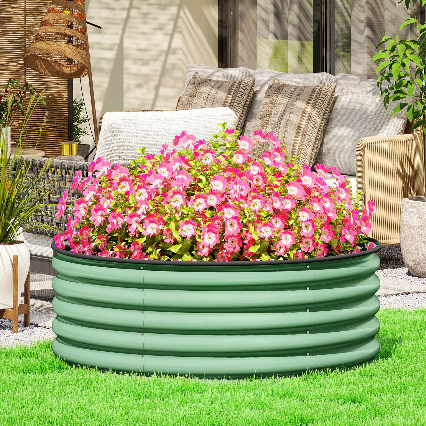 Galvanised Raised Garden Bed with Safety Edging, Outdoor Raised Planter Box with Gloves and Open Bottom, Metal Raised Bed for Flowers, Vegetables and Herbs, 120 x 120 x 43cm, Light Green