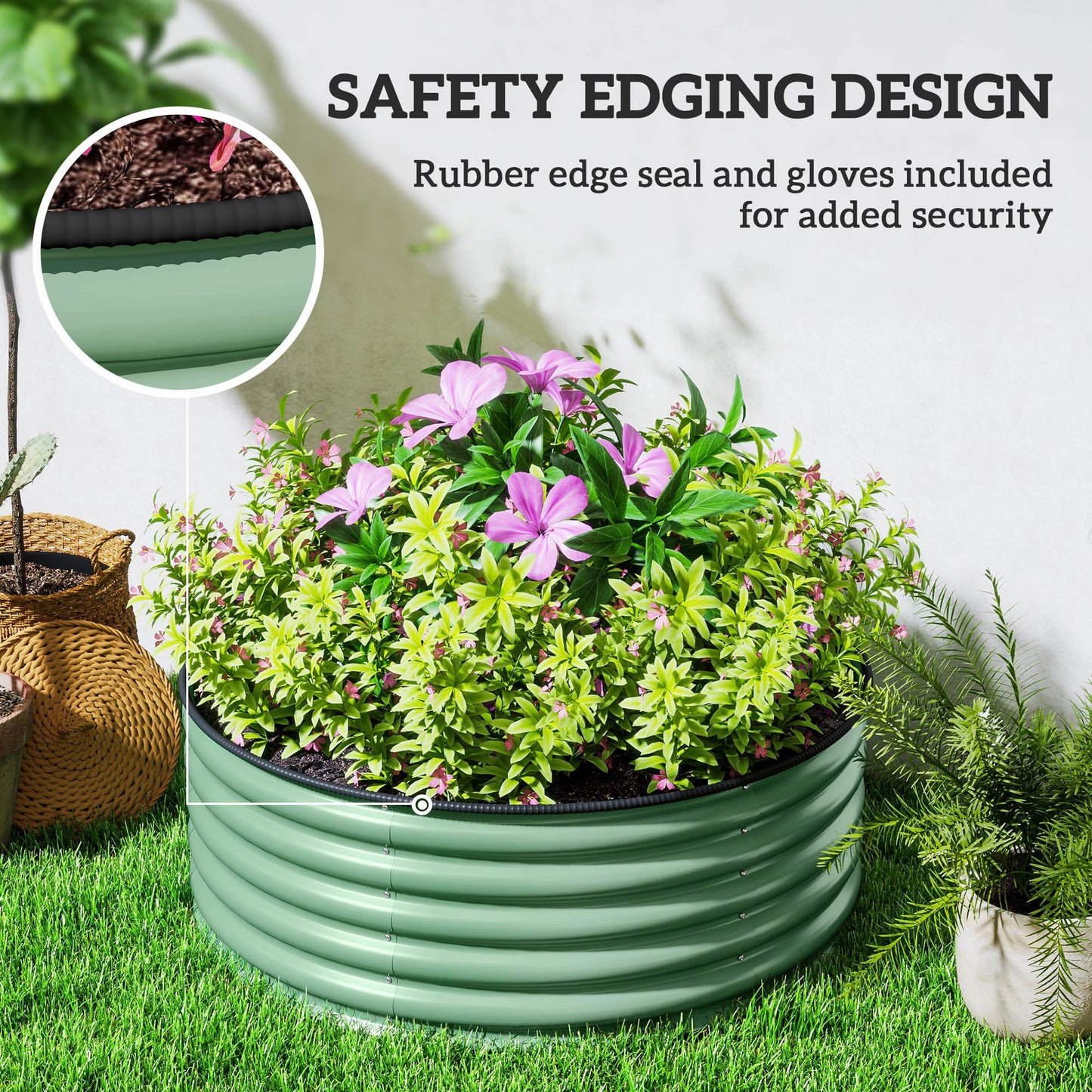 Galvanised Raised Garden Bed with Safety Edging, Outdoor Raised Planter Box with Gloves and Open Bottom, Metal Raised Bed for Flowers, Vegetables and Herbs, 120 x 120 x 43cm, Light Green