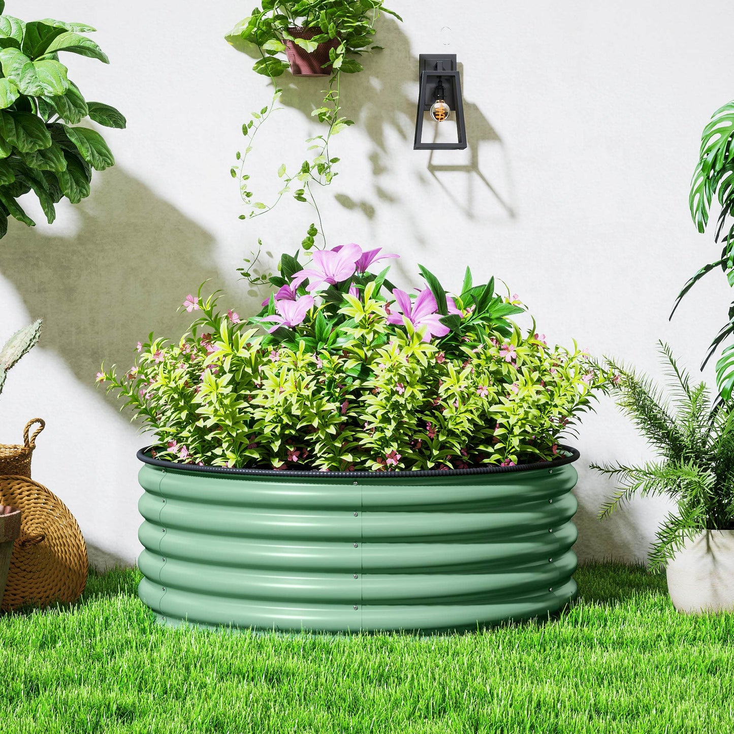 Galvanised Raised Garden Bed with Safety Edging, Outdoor Raised Planter Box with Gloves and Open Bottom, Metal Raised Bed for Flowers, Vegetables and Herbs, 120 x 120 x 43cm, Light Green