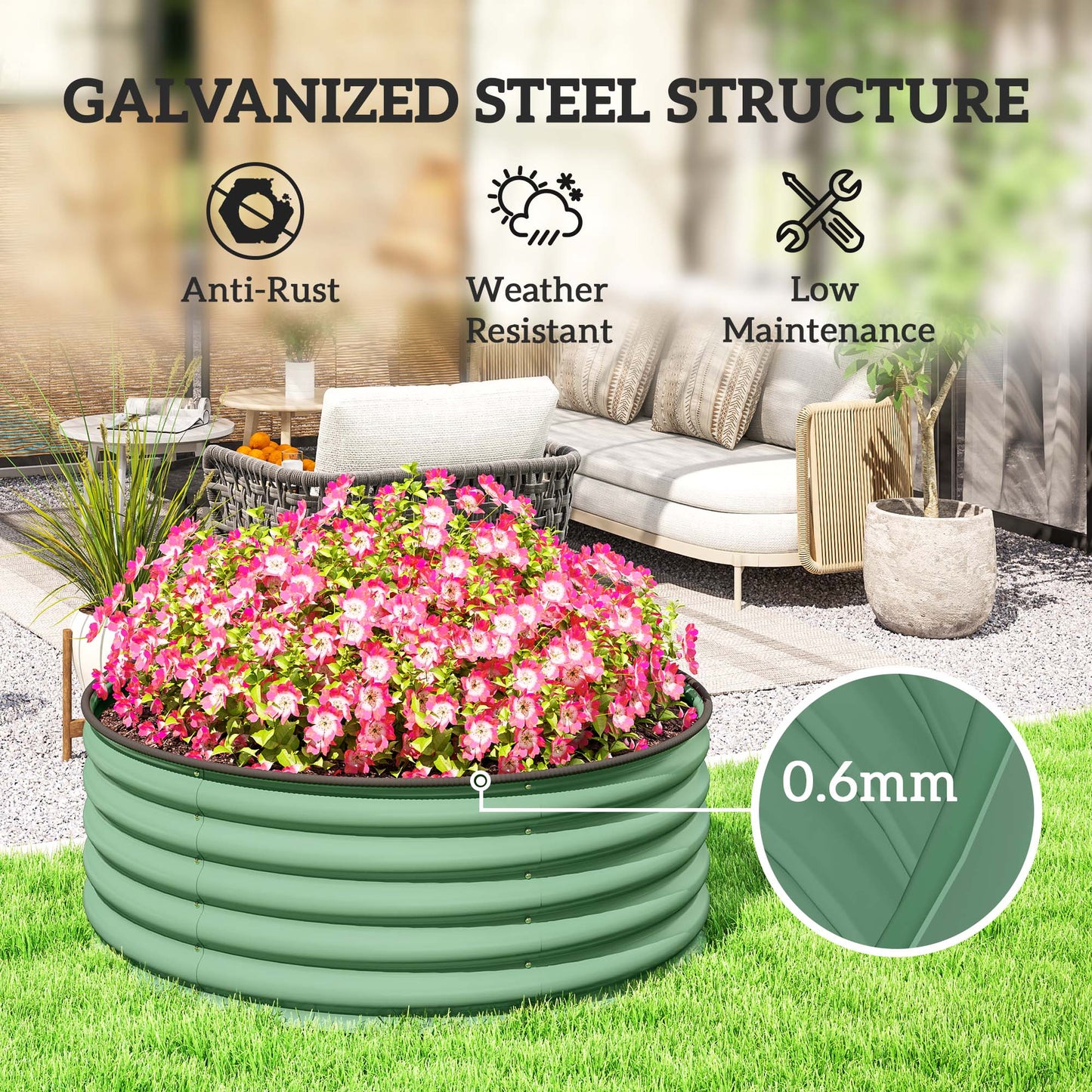 Galvanised Raised Garden Bed with Safety Edging, Outdoor Raised Planter Box with Gloves and Open Bottom, Metal Raised Bed for Flowers, Vegetables and Herbs, 120 x 120 x 43cm, Light Green