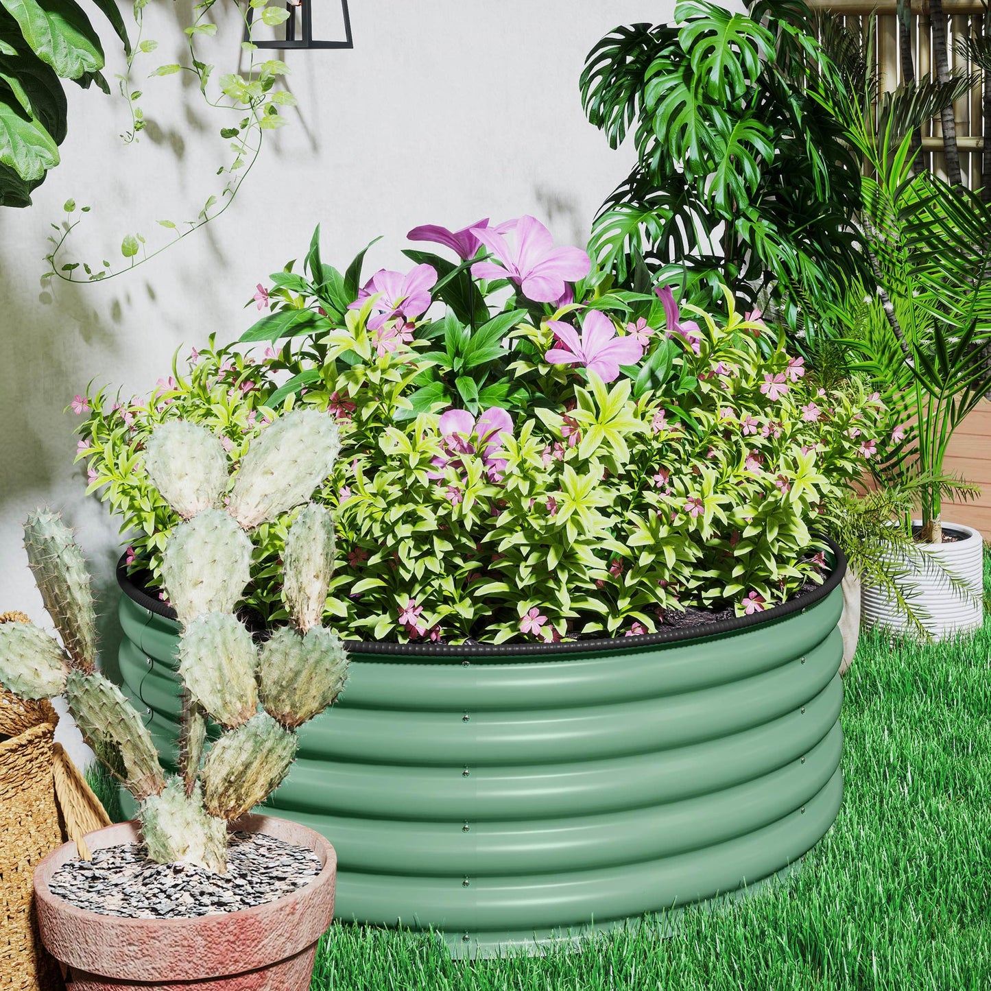Galvanised Raised Garden Bed with Safety Edging, Outdoor Raised Planter Box with Gloves and Open Bottom, Metal Raised Bed for Flowers, Vegetables and Herbs, 120 x 120 x 43cm, Light Green