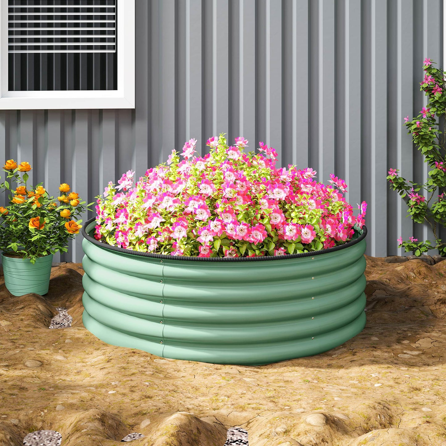 Galvanised Raised Garden Bed with Safety Edging, Outdoor Raised Planter Box with Gloves and Open Bottom, Metal Raised Bed for Flowers, Vegetables and Herbs, 120 x 120 x 43cm, Light Green