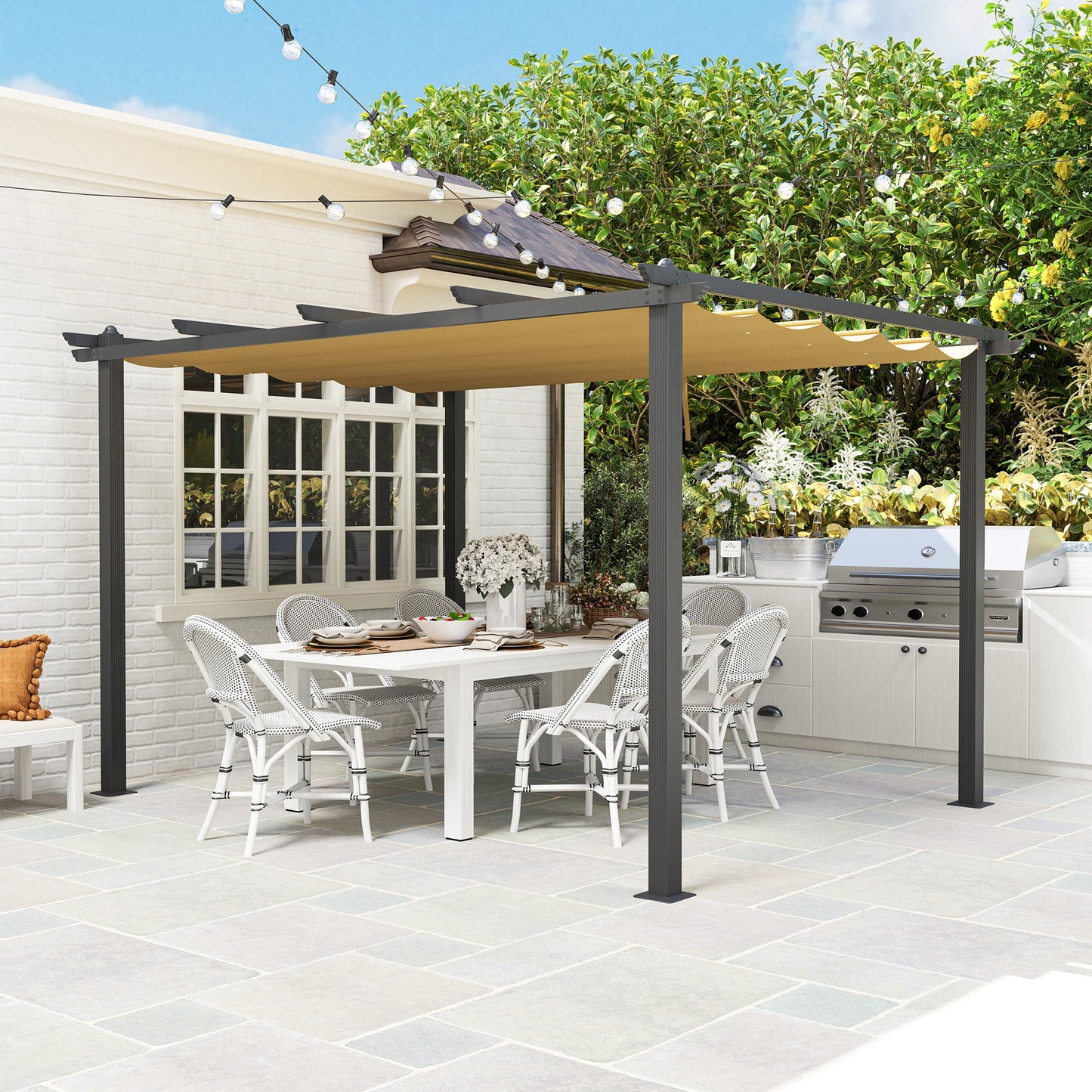 3 x 4m Pergola with Retractable Roof, Aluminium Frame Garden Gazebo Canopy Outdoor Sun Shade Shelter for Grill, Patio, Deck, Khaki