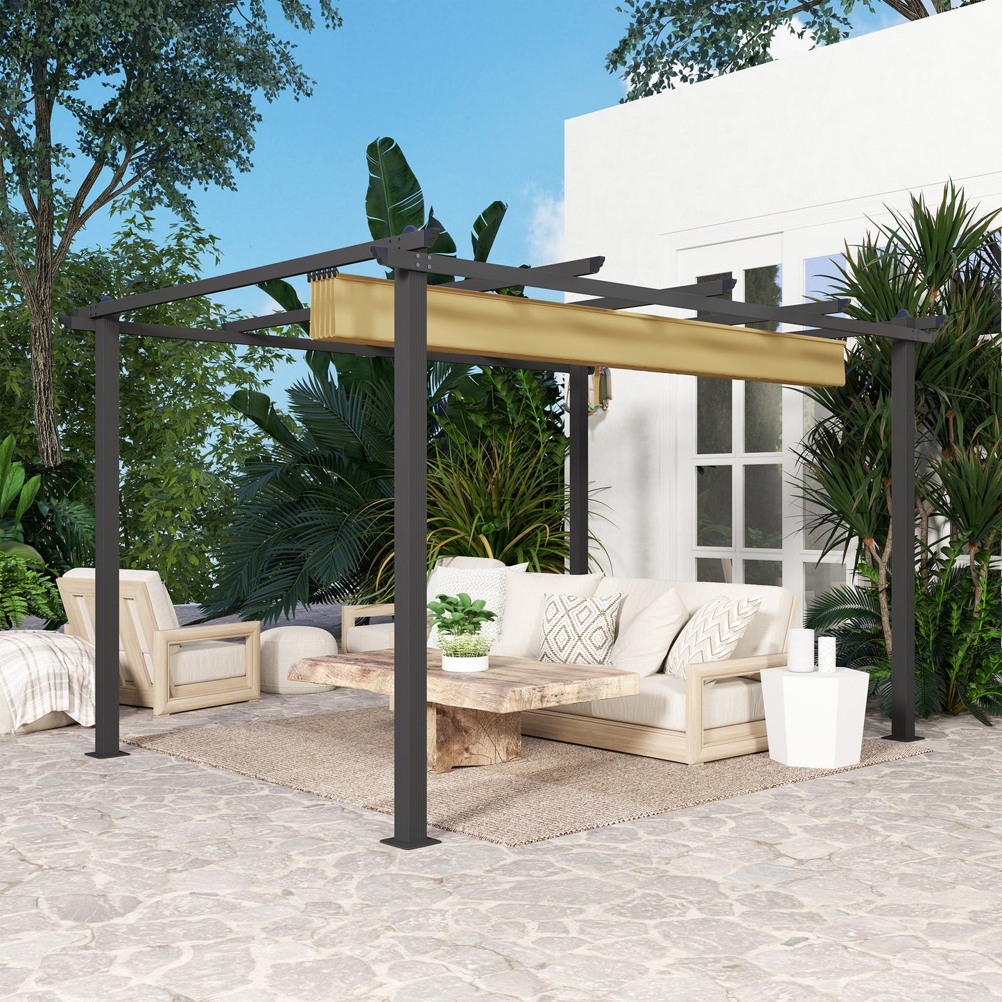 3 x 4m Pergola with Retractable Roof, Aluminium Frame Garden Gazebo Canopy Outdoor Sun Shade Shelter for Grill, Patio, Deck, Khaki