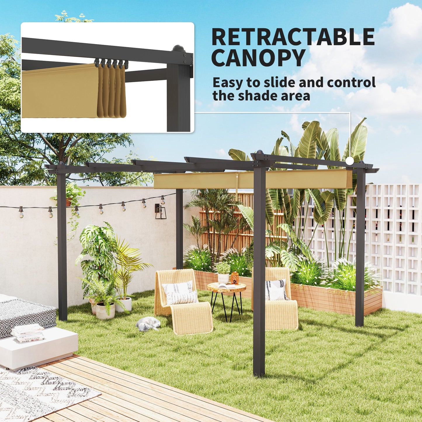 3 x 4m Pergola with Retractable Roof, Aluminium Frame Garden Gazebo Canopy Outdoor Sun Shade Shelter for Grill, Patio, Deck, Khaki