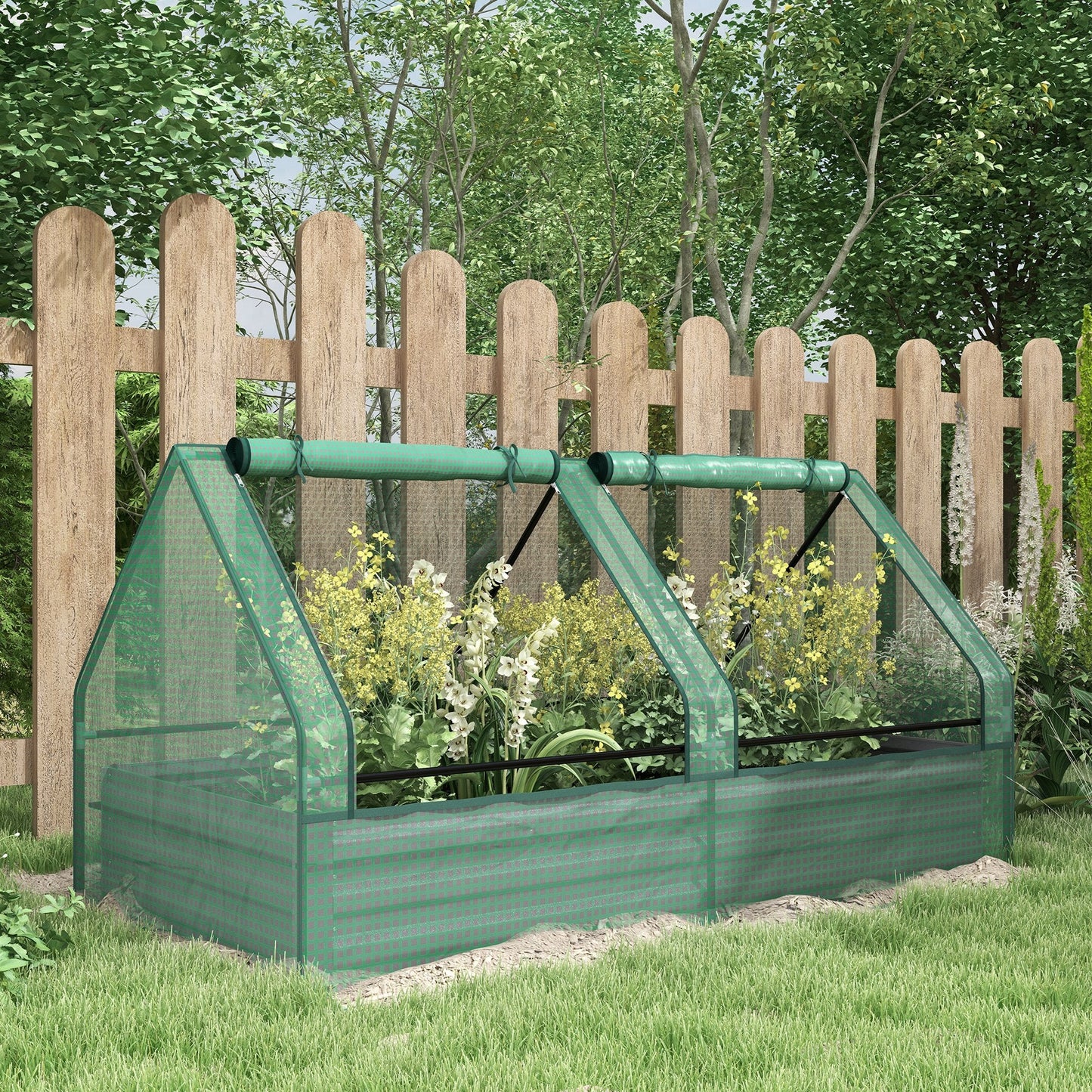 Raised Garden Bed with Mini Greenhouse, Outdoor Metal Planter Box with Cover, for Herbs and Vegetables, Use for Patio, Garden, Balcony, Green and Dark Grey