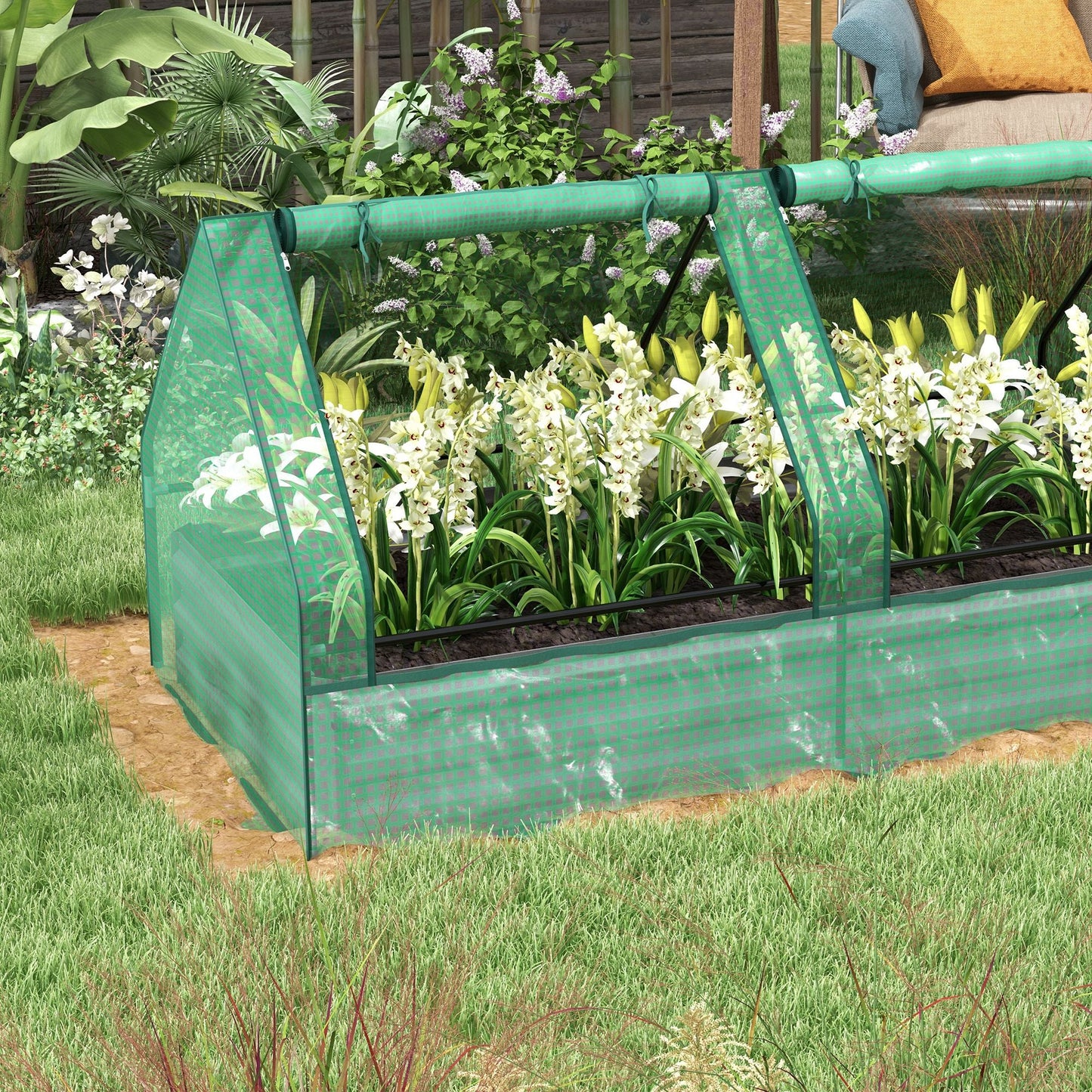Raised Garden Bed with Mini Greenhouse, Outdoor Metal Planter Box with Cover, for Herbs and Vegetables, Use for Patio, Garden, Balcony, Green and Dark Grey