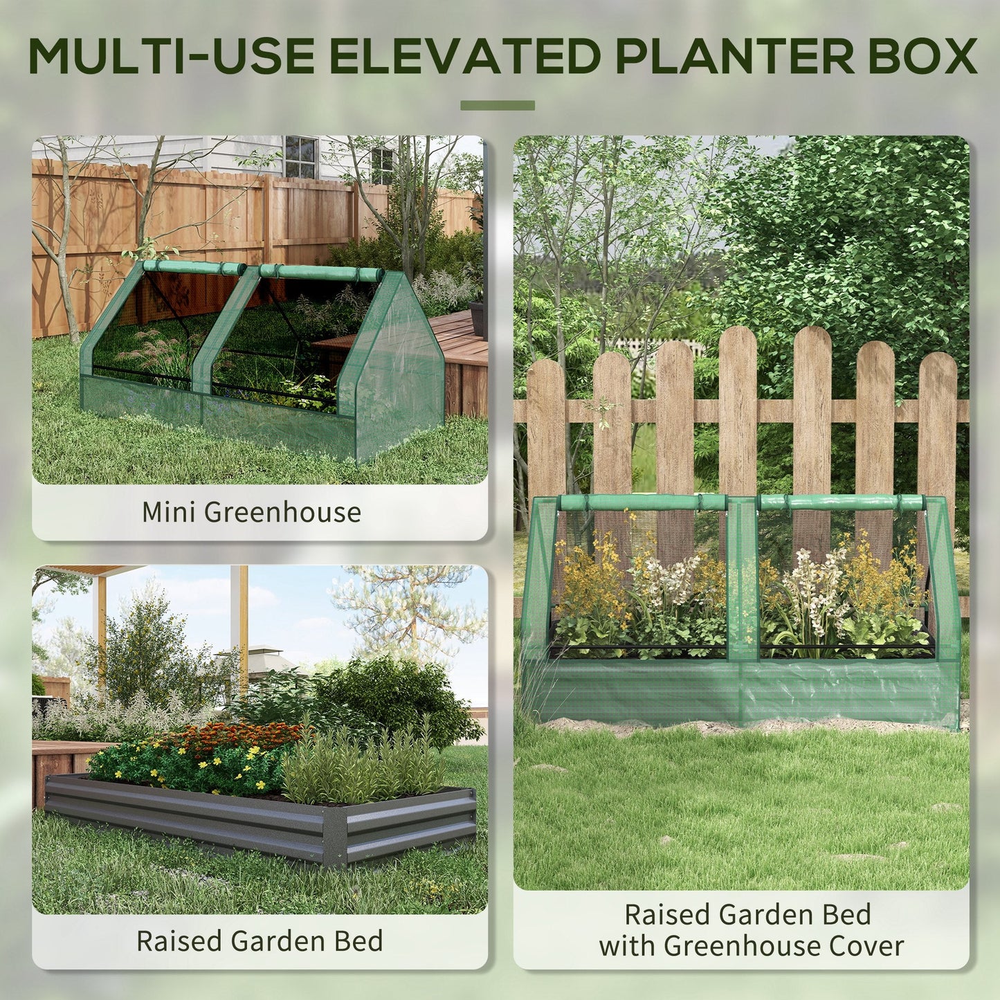 Raised Garden Bed with Mini Greenhouse, Outdoor Metal Planter Box with Cover, for Herbs and Vegetables, Use for Patio, Garden, Balcony, Green and Dark Grey