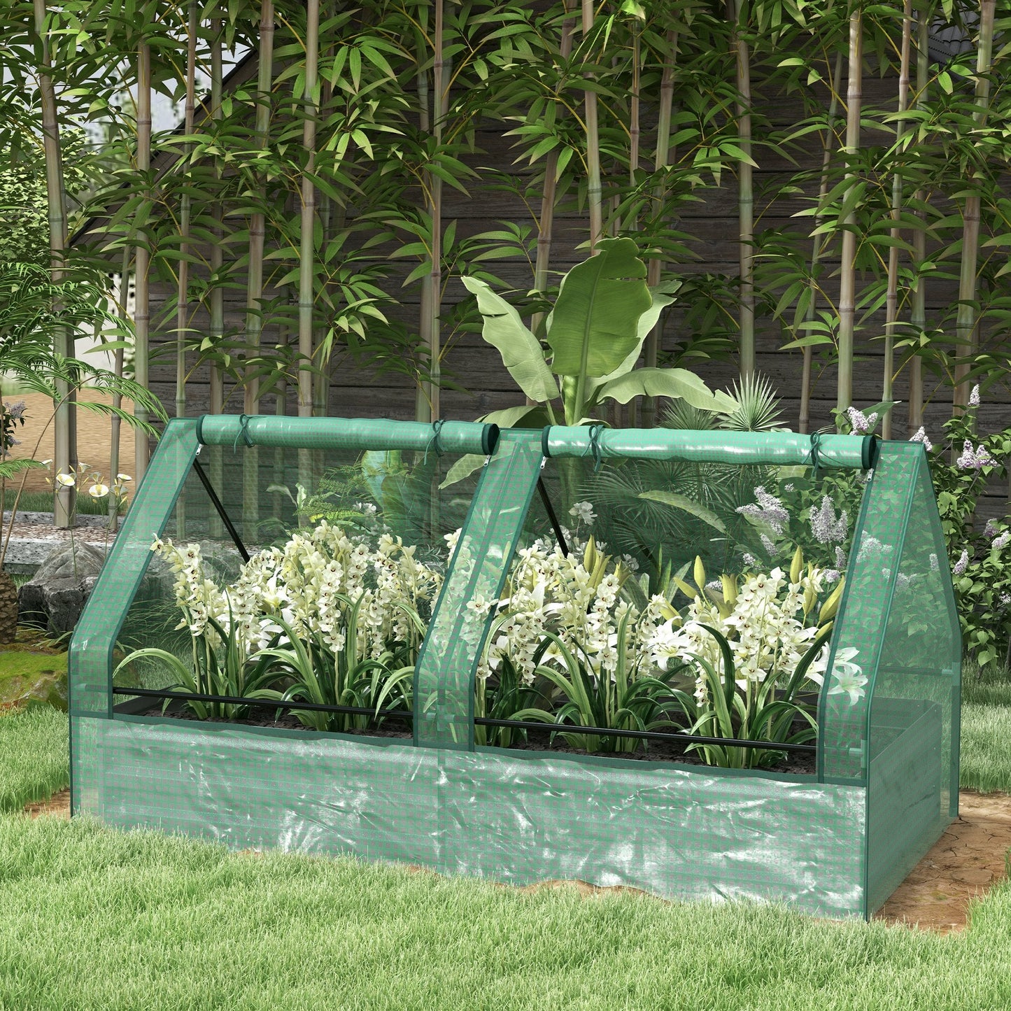 Raised Garden Bed with Mini Greenhouse, Outdoor Metal Planter Box with Cover, for Herbs and Vegetables, Use for Patio, Garden, Balcony, Green and Dark Grey