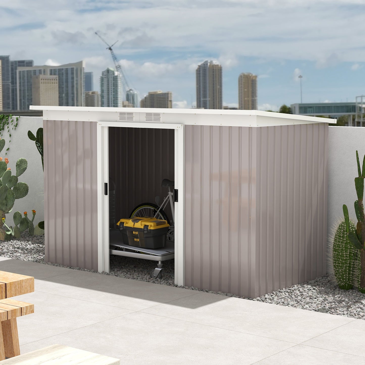9ft x 4ft Metal Garden Shed, Outdoor Tool House with Foundation Kit, Ventilations and Double Doors, Light Grey