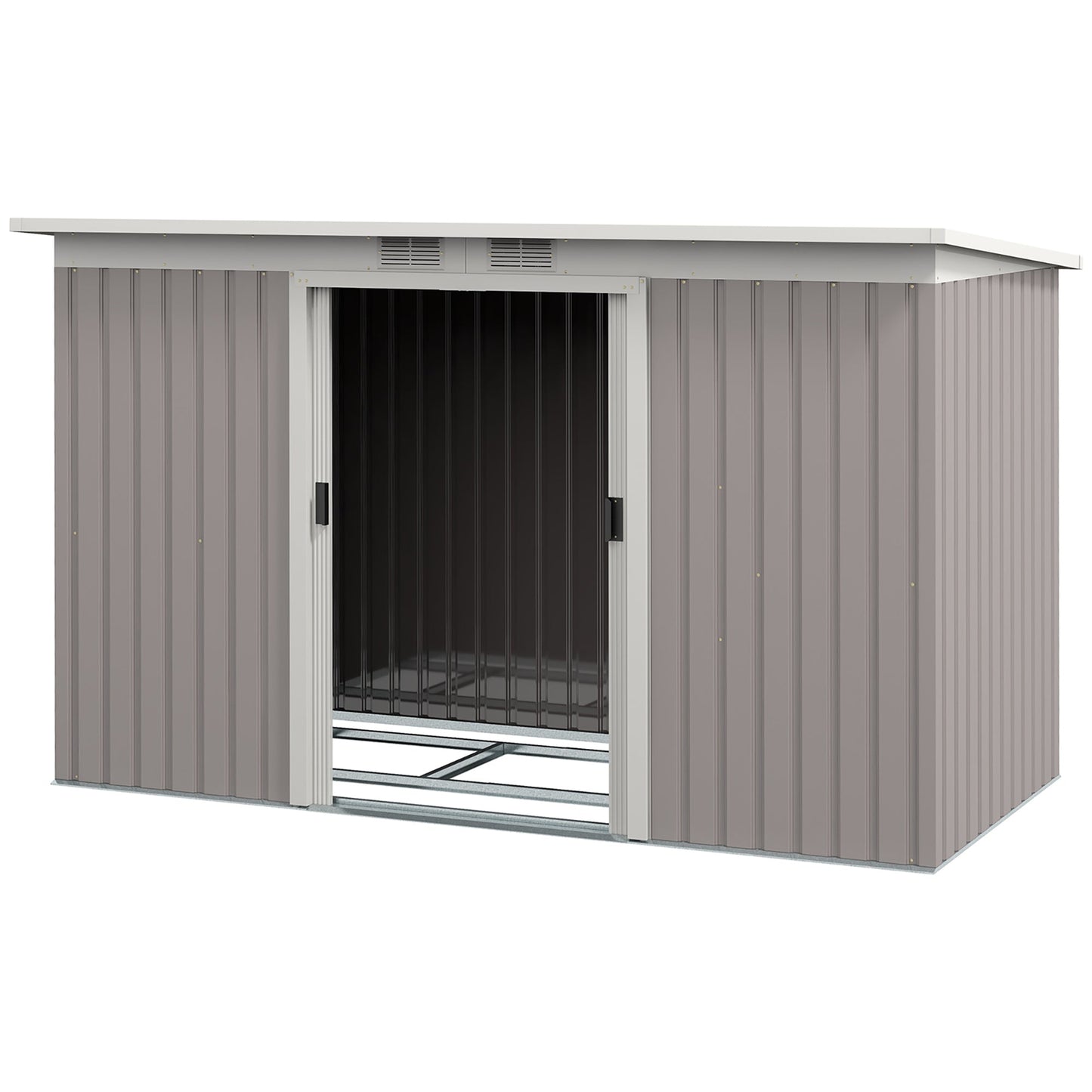 9ft x 4ft Metal Garden Shed, Outdoor Tool House with Foundation Kit, Ventilations and Double Doors, Light Grey