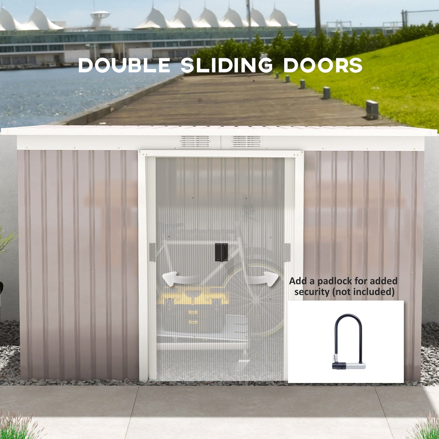 9ft x 4ft Metal Garden Shed, Outdoor Tool House with Foundation Kit, Ventilations and Double Doors, Light Grey