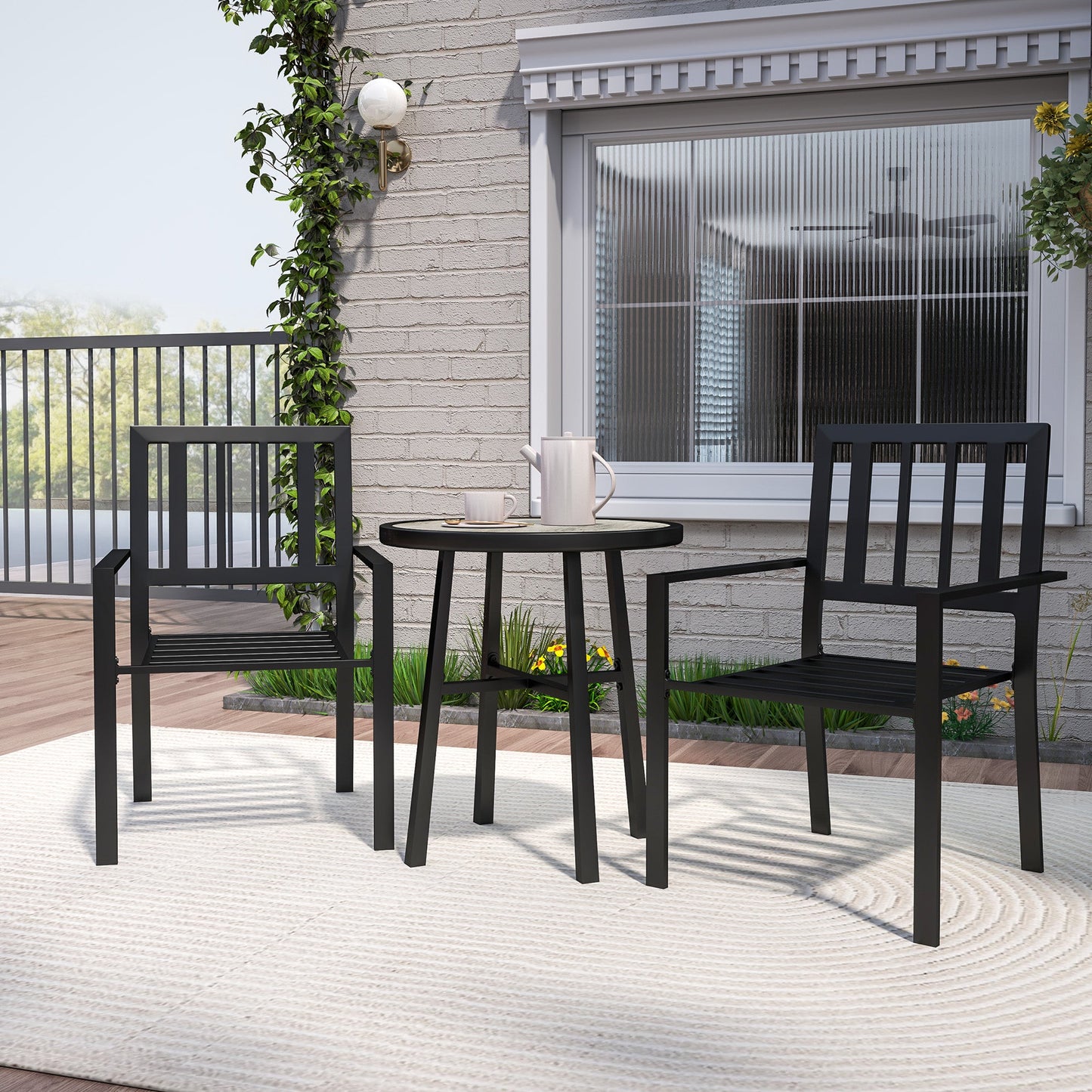3 Piece Patio Bistro Set, Garden Dining Set with Plastic Top, 2 Stackable Chairs, Galvanised Steel Frame, Outdoor Dining Set for Balcony, Deck, Grey