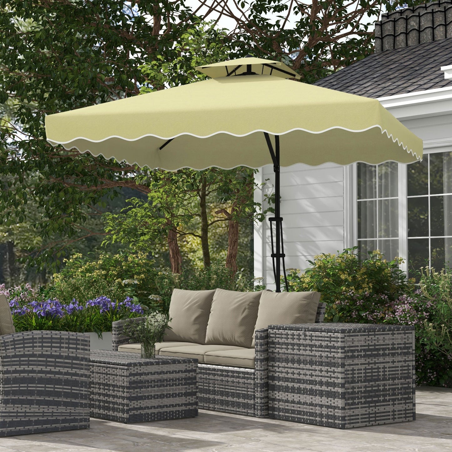 2.5m Cantilever Parasol with Easy Lever, Square Double Top Garden Parasol Umbrella with Ruffles and Cross Base, Overhanging Outdoor Sun Shades, Beige