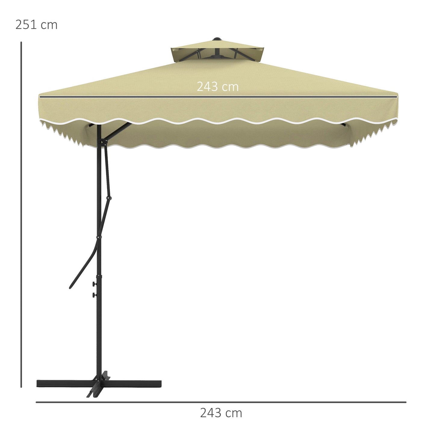 2.5m Cantilever Parasol with Easy Lever, Square Double Top Garden Parasol Umbrella with Ruffles and Cross Base, Overhanging Outdoor Sun Shades, Beige